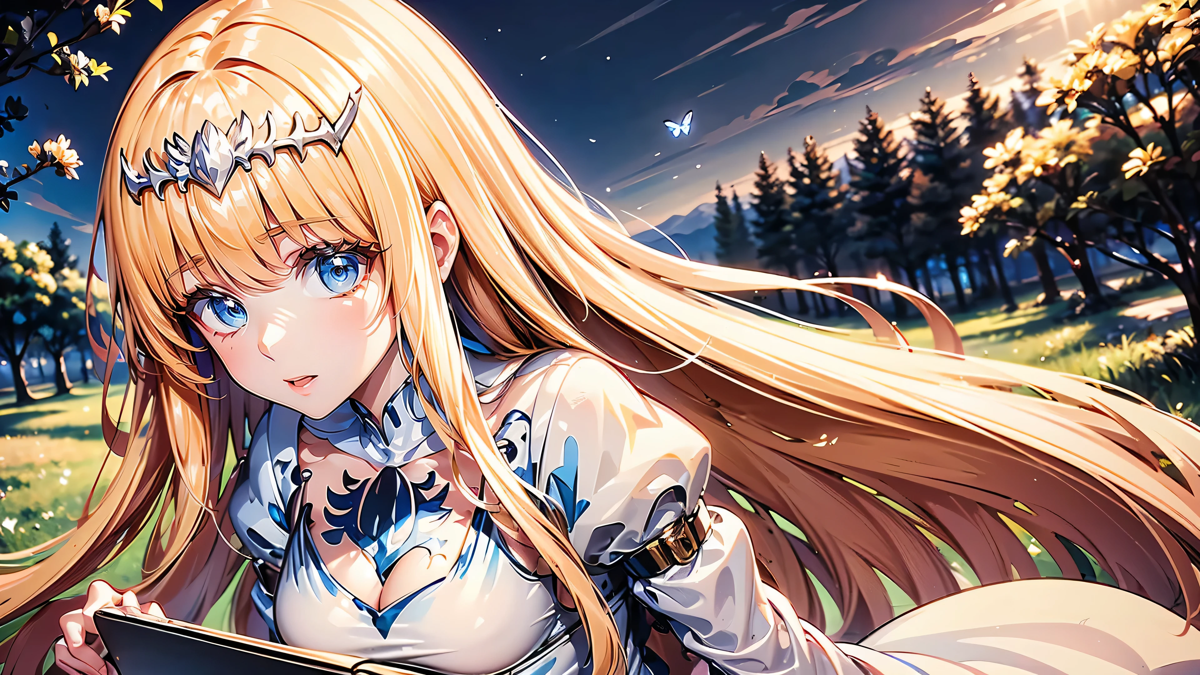 (best quality,highres), Anime style, fireflies in the background, computer graphics, A high resolution, Best quality, Masterpiece, , (computer graphics игры),Butterflies fly against the background of nature ,Beautiful eyes, gaze , detailed picture, Masterpiece, 1girl, solo, Calca, Calca Bessarez, blonde hair, (extremely long hair:1.3), very long hair, white tiara, white dress, blue eyes, medium chest
