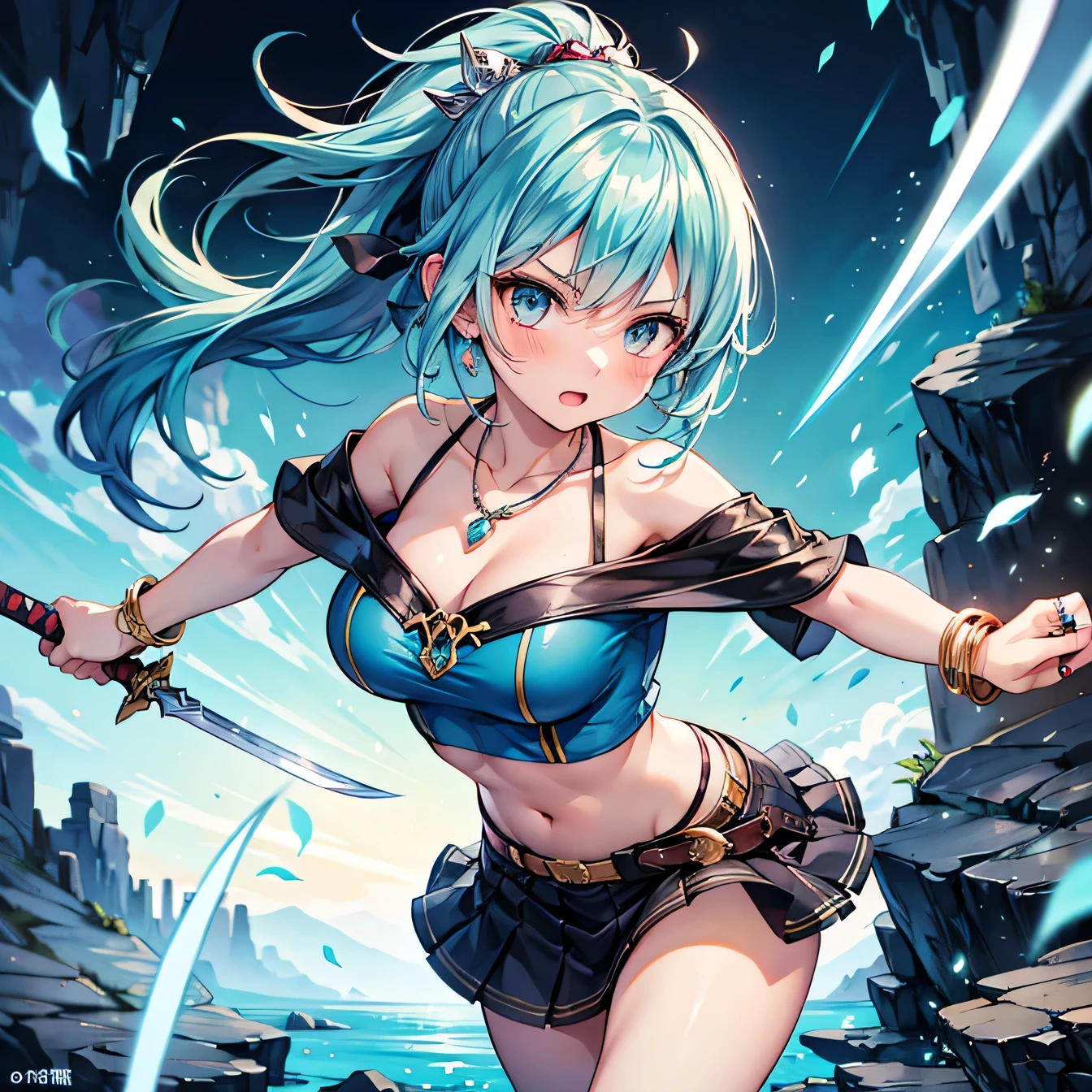 Anime Moe Art Style,highest quality,High resolution,Anatomically correct,One Girl,Mid-teens,A girl with light blue hair in a ponytail,Super detailed,A world of swords and magic,Off-the-shoulder tops,mini skirt,Big Breasts,A rich expression,Serious expression,Slashing with a dagger,Fighting,Dynamic movement,cave,Eyes drawn in detail,hair ornaments,necklace,bracelet,ring,8K