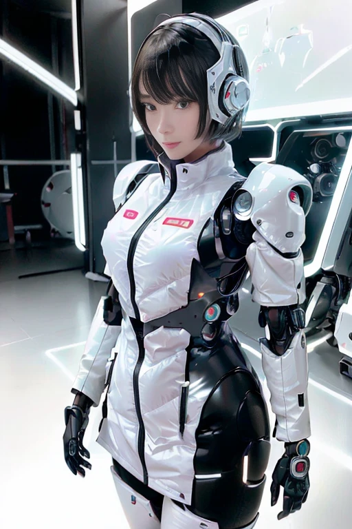 A girl in a futuristic bright white heavily armored robot suit takes a photo、perfect android girl, Female cyborg body, Perfect anime cyborg woman, Beautiful female android!, Female Robot, completely robot!! girl, Cute cyborg girl, Cyber Suit, Girl wearing mecha cybernetic armor, Cyber Suit, beutiful white girl cyborg, Beautiful female android, Beautiful girl cyborg、Cute cyborg girl with short bob hair、Beautiful android sculpture model、(Laughter)、((Rounded, white, sturdy armor))、(((Equipped with long sensor antennas on both ears)))、(((Robot Girl)))、(((Android girls)))、