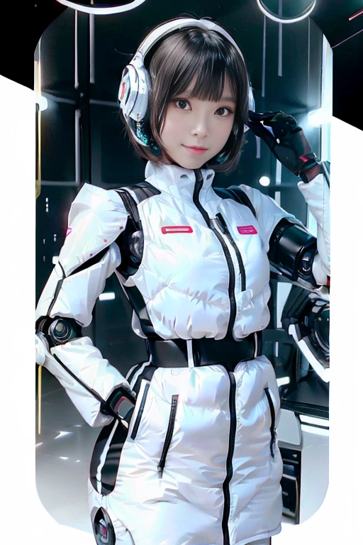 A girl in a futuristic bright white heavily armored robot suit takes a photo、perfect android girl, Female cyborg body, Perfect anime cyborg woman, Beautiful female android!, Female Robot, completely robot!! girl, Cute cyborg girl, Cyber Suit, Girl wearing mecha cybernetic armor, Cyber Suit, beutiful white girl cyborg, Beautiful female android, Beautiful girl cyborg、Cute cyborg girl with short bob hair、Beautiful android sculpture model、(Laughter)、((Rounded, white, sturdy armor))、(((Equipped with long sensor antennas on both ears)))、(((Robot Girl)))、(((Android girls)))、