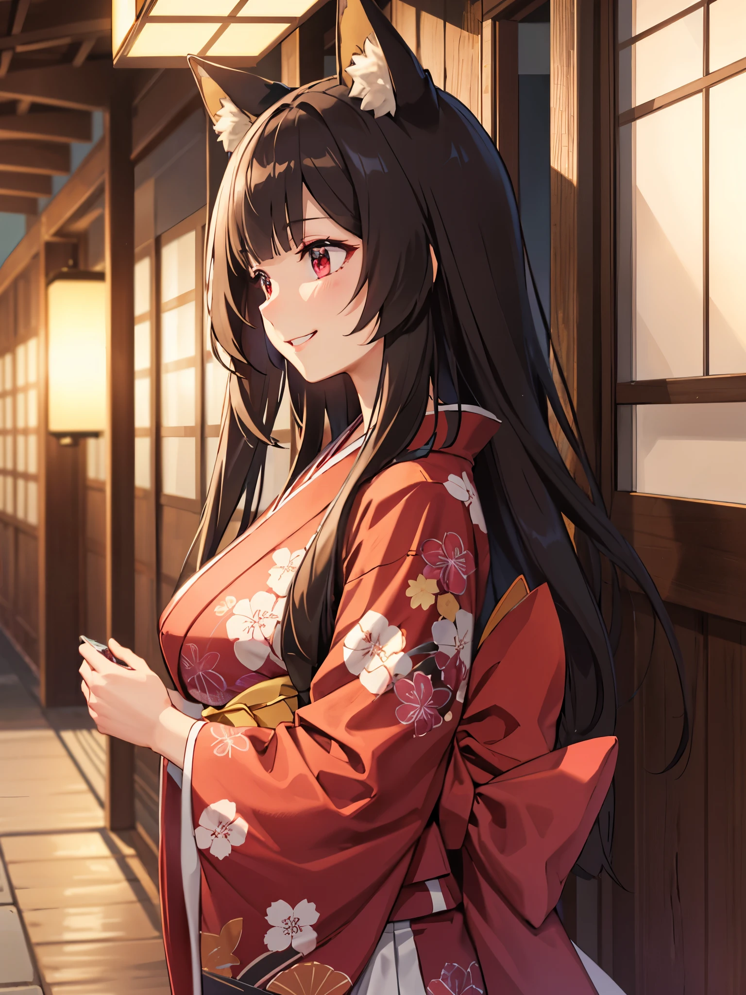 (Best quality), (extremely detailed CG Unity 8k wallpaper), (very detailed), ((absurdity)), Detailed beautiful eyes,Facing right, camera angle from the side, photo from the side, looking away 
Raphtalia, Red eyes, black hair, fox tail, fox ears, 1 girl, Wearing kimono, red kimono, red kimono,smile,big breast,, Standing,, at night, Japanese house