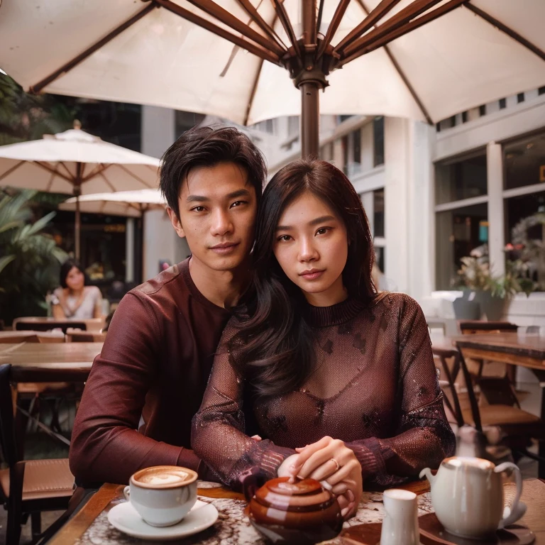 they are sitting at a table with a cup of coffee, lovely couple, couple pose, fanart, natasha tan maciej kuciara, tyler edlin and natasha tan, cindy avelino, couple, ✨🕌🌙, romantic couple, jordan grimmer and natasha tan, by Bernardino Mei, official fanart, mid shot portrait, by Eddie Mendoza