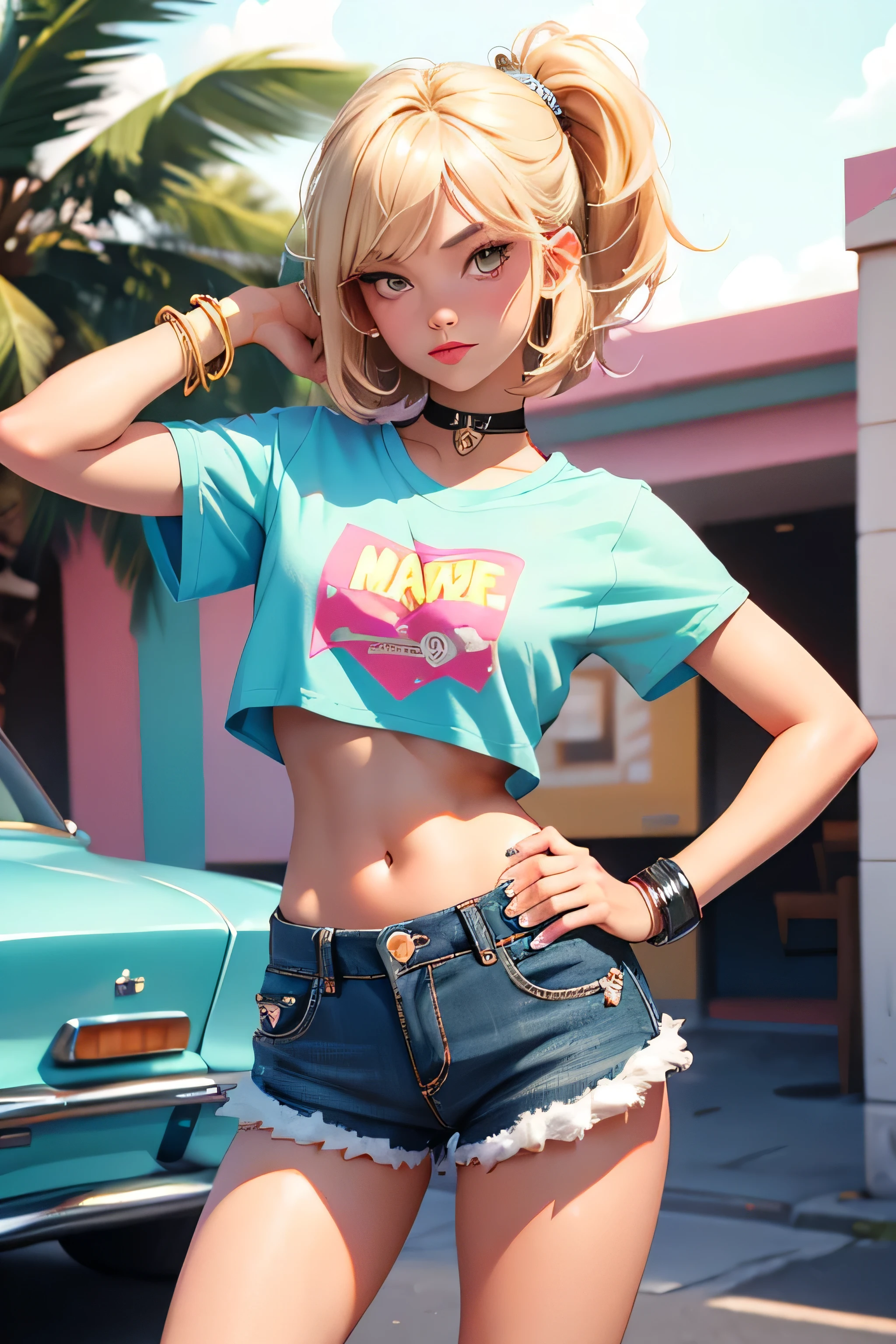 Teenage girl-model 18 years old, beautiful, blonde, bob hair, bangs, brown eyes, beautiful figure, girl wearing crop shirt and too short mini shorts, beautiful long legs, slave bracelets, slave choker, manicure, cute makeup, flirtatiously posing, hot summer, hot flirty, sexy posing, summer outfit, top quality, higest quality, pin-up style, retro 80s style, Daisy Dukes style, slave girl, Miami vibes,