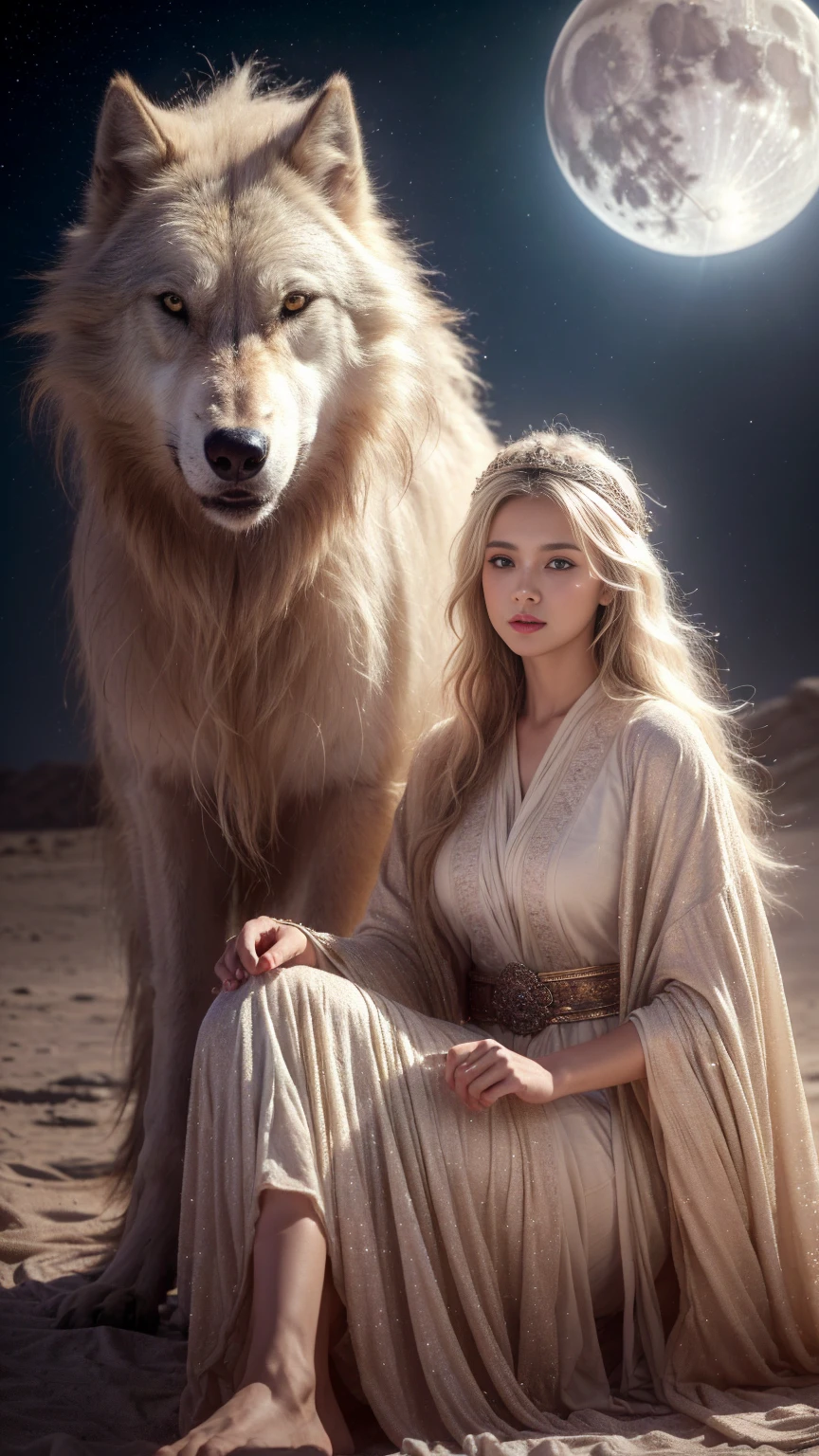 (highest quality、masterpiece、8k、Best image quality、Ultra-high resolution、Award-winning works)、A beautiful white-haired girl watches us from afar in the desert, Where light shines from the moon.、Ancient Islamic clothing、Beautiful face drawn in every detail, (a real wolf next to her)