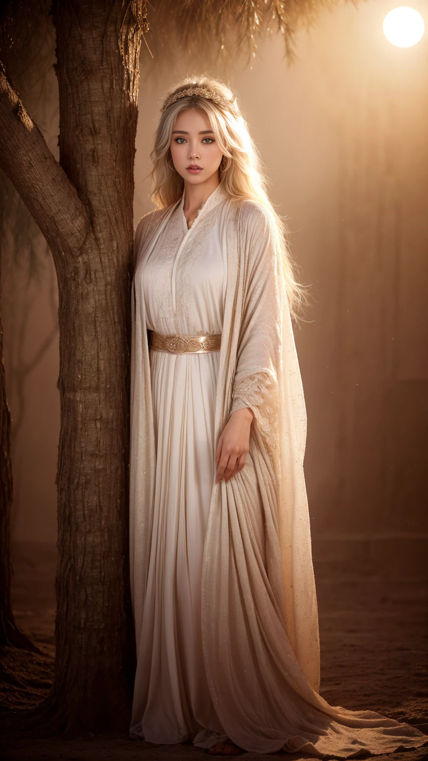 (highest quality、masterpiece、8k、Best image quality、Ultra-high resolution、Award-winning works)、A beautiful white-haired girl watches us from afar in the desert, Where light shines from the moon.、Ancient Islamic clothing、Beautiful face drawn in every detail, (a real wolf next to her)