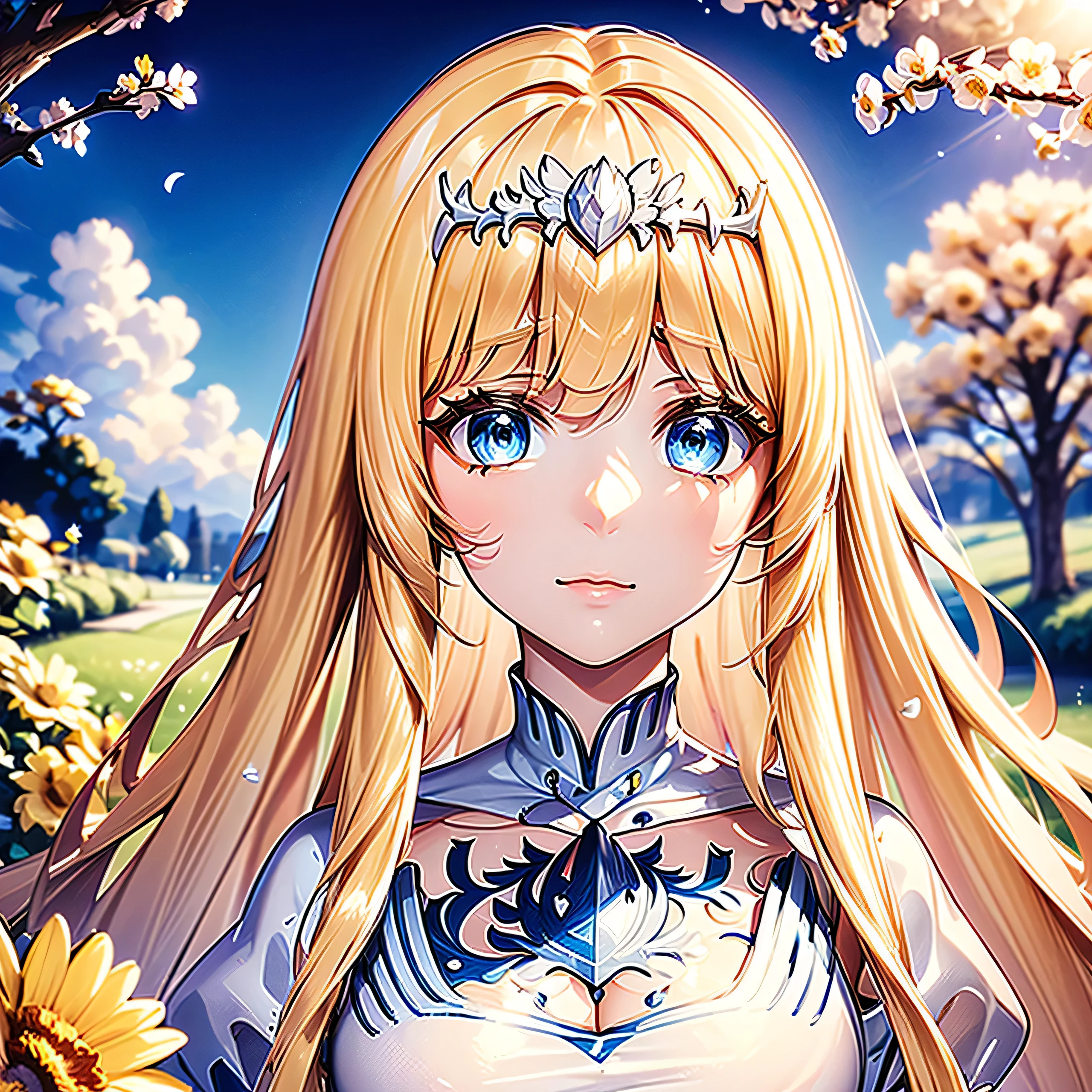 ((highest quality)),(Ultra-high resolution),(Very detailed),(Detailed Description),((The best CG)),(A masterpiece),super precision art,Amazing painting art,(Art with precise details:1.5), Portraiture:1.6,Bust Shot:1.4,(1 female:1.5),Beautiful and well-proportioned face:1.5,(Dress with flowers on the chest:1.5), 1girl, solo, Calca, Calca Bessarez, blonde hair, (extremely long hair:1.3), very long hair, white tiara, white dress, blue eyes, medium chest