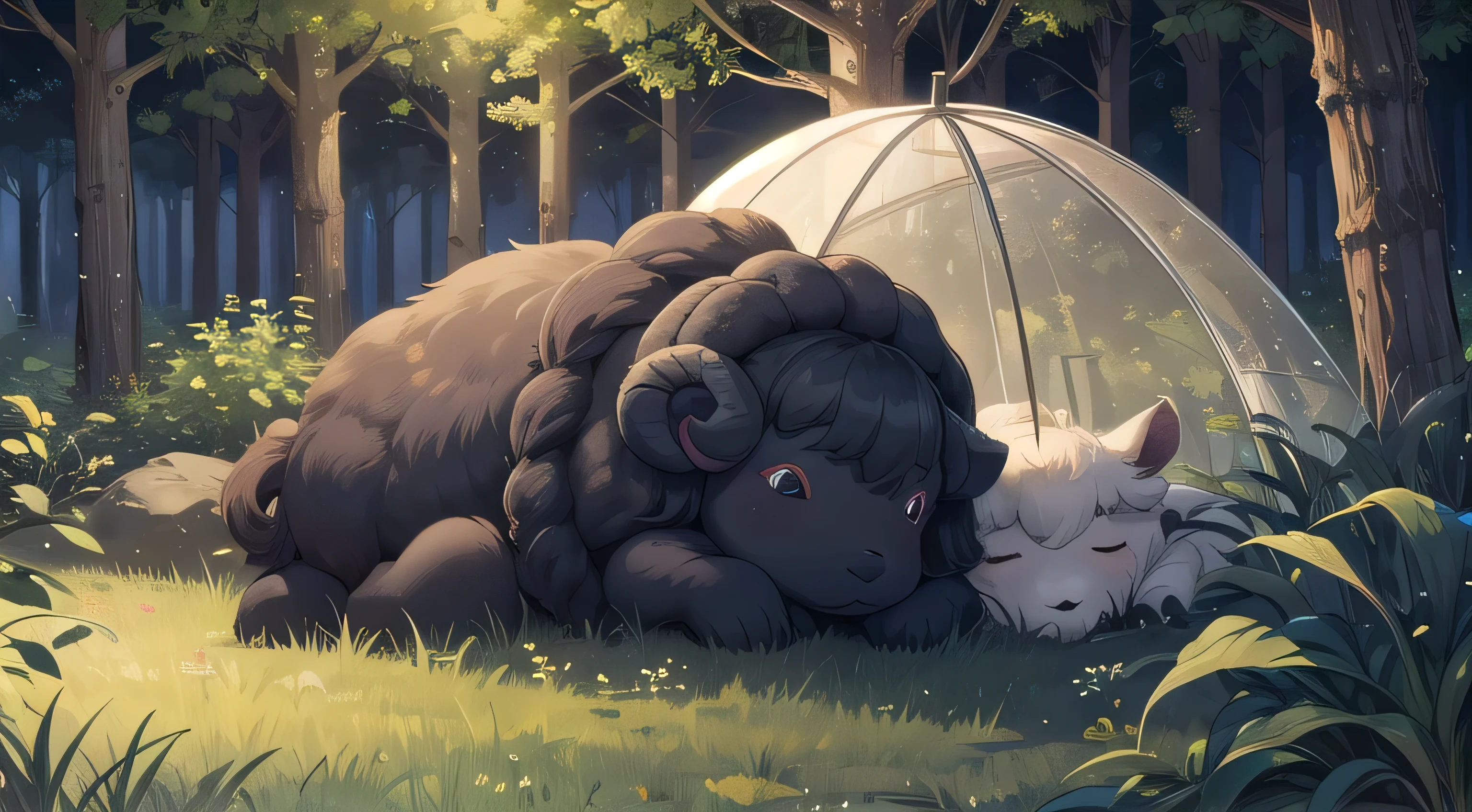 Black sheep sleeping in the forest at night