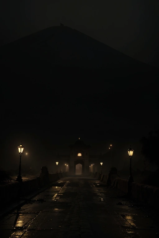 The image should be set at night with a dark, misty atmosphere to create a sense of foreboding. The background can include a desolate road leading to the old, dilapidated haveli.