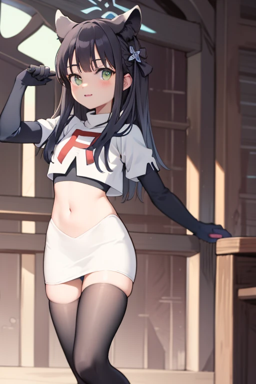 masterpiece,shundef, team rocket,team rocket uniform,white skirt,red letter R,crop top,black thigh-highs,black elbow gloves