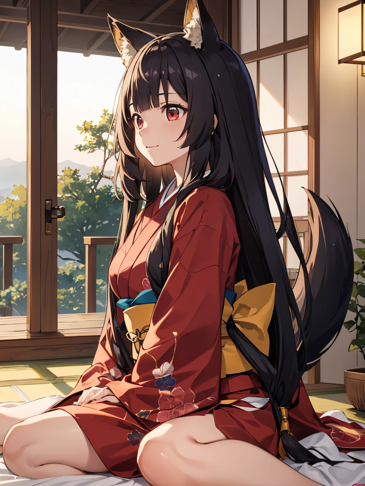 (Best quality), (extremely detailed CG Unity 8k wallpaper), (very detailed), ((absurdity)), Detailed beautiful eyes,Facing right, camera angle from the side, photo from the side, looking away 
Raphtalia, Red eyes, black hair, fox tail, fox ears, 1 girl, Wearing kimono, red kimono, red kimono,slight smile,big breast,sitting in bed,, at night, Japanese house