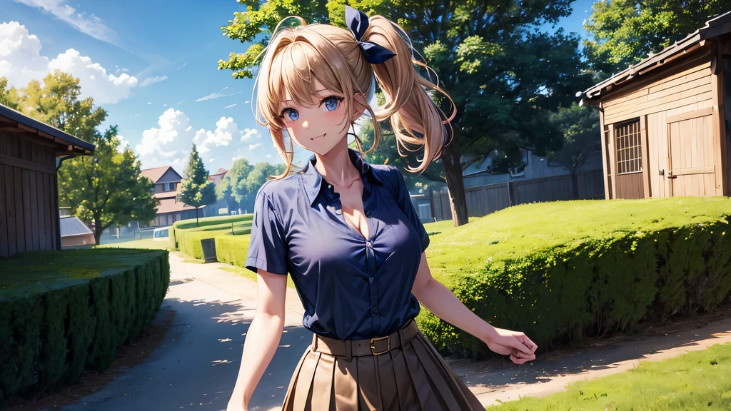 1girl, solo, summer, village, trees, sun, clouds, chestnut hair, side ponytail, large breasts, ((popping shirt buttons)), button down, unbuttoning buttons, dark blue eyes, ((dark blue shirt)), ((unbuttoned shirt)), ((short sleeved shirt)), cleavage 1:3, black skirt, brown shoes, grin, looking at the viewer, standing, hair ribbon, golden necklate