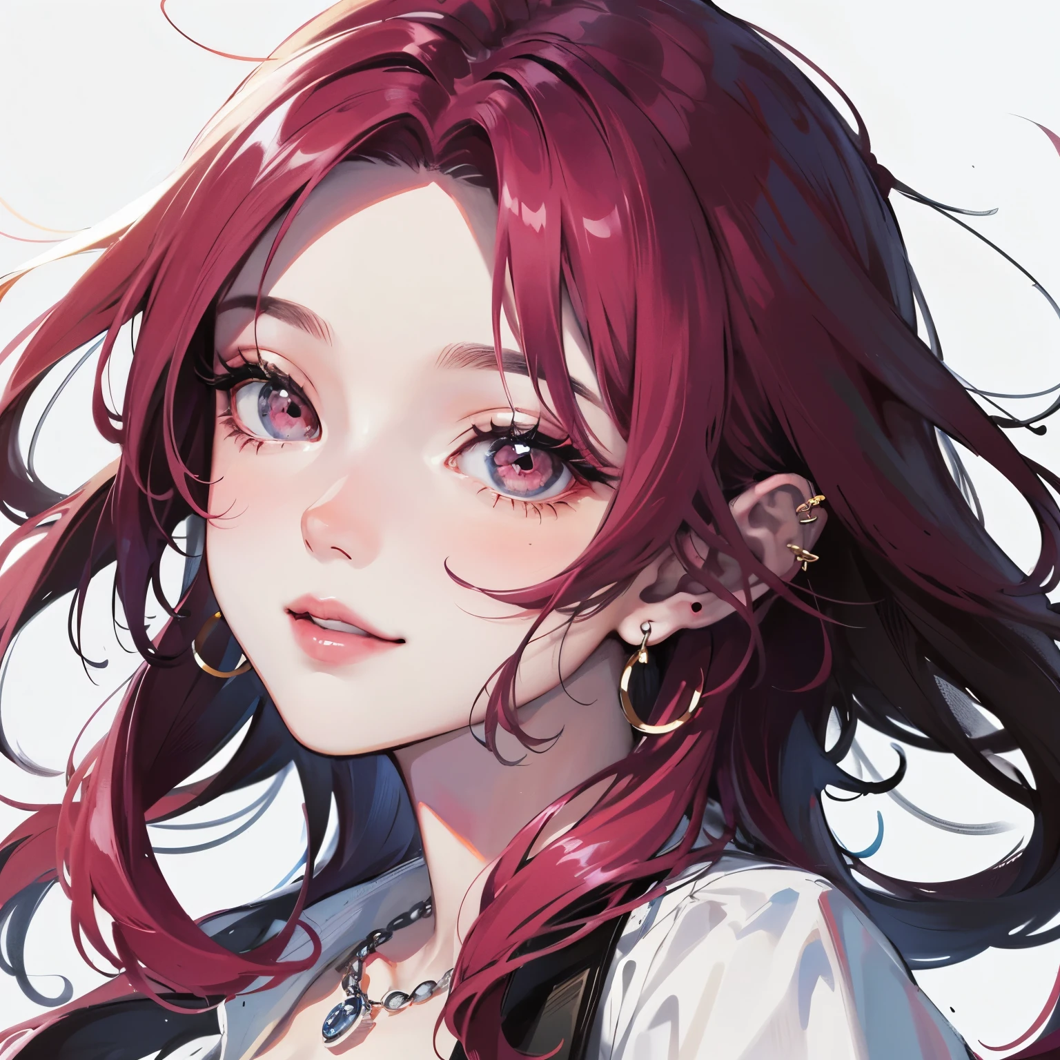 ((highest quality)), ((masterpiece)), (be familiar with), Perfect face female, woman, hopeful, smiling, looking at viewer, long hair, wave hair, black hair, red eyes, eyes open, big eyes, pale skin, fair skin, shiny skin, detailed skin, detailed face, tall, slim, t-shirt, piercing, necklace, delicate facial features, 20-year-old, white background, beautiful, light atmosphere, headshot, from front, high brightness colors, highly saturated colors, beautiful, high quality, photorealistic, anime, 3D render, main artwork, voluptuous,ultra detailed, beautiful, woman, happy, blissful, hopeful, intelligent, smiling, looking at viewer, looking ahead, front view, long hair, wavy hair, shiny hair, black hair, pink hair, red eyes, purple eyes, eyes open, big eyes, wide-eyed, pale skin, fair skin, shiny skin, detailed face, detailed skin, pale skin, slim, slender, voluptuous, piercing, earrings, delicate facial features, japanese idol, 20-year-old, young adult, ager, adult, white background, gray background, flat background, beautiful, cute, light atmosphere, anime, main artwork, icon, soft-edged, 2000s, headshot, from front, front view, full.face, dark red eye