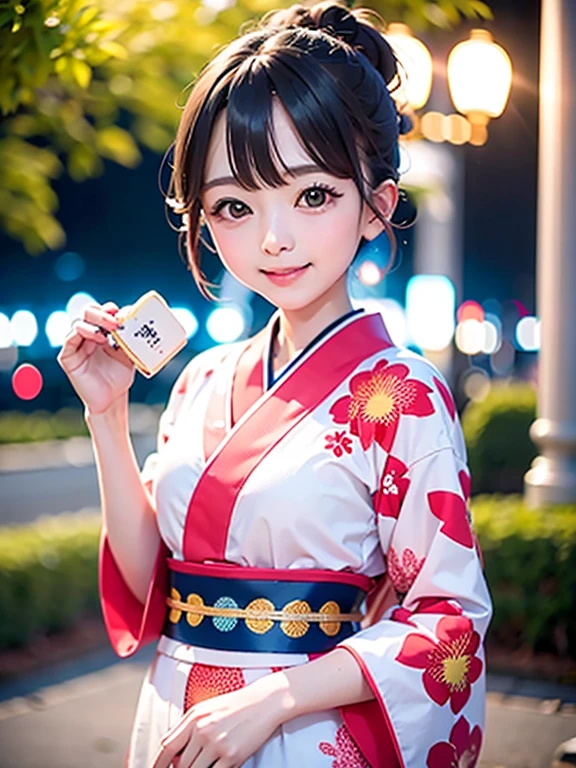 High resolution, highest quality,Hakata yukata、The yukata was cut in half、Smiling girl、Embarrassing、Deserted park at night、