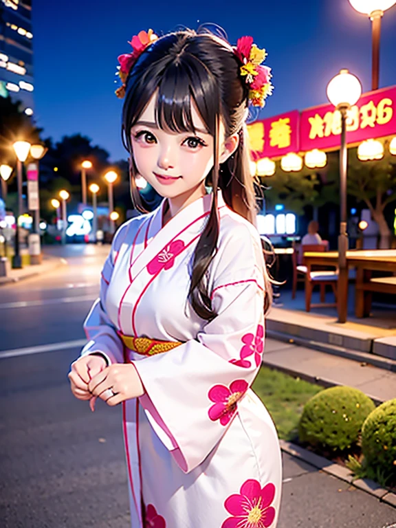 High resolution, highest quality,Hakata yukata、The yukata was cut in half、Smiling girl、Embarrassing、Deserted park at night、