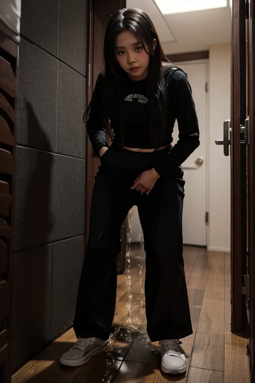 Malay Girl sees the ghost and pees her black culotte pants until her pants are wet in fright.