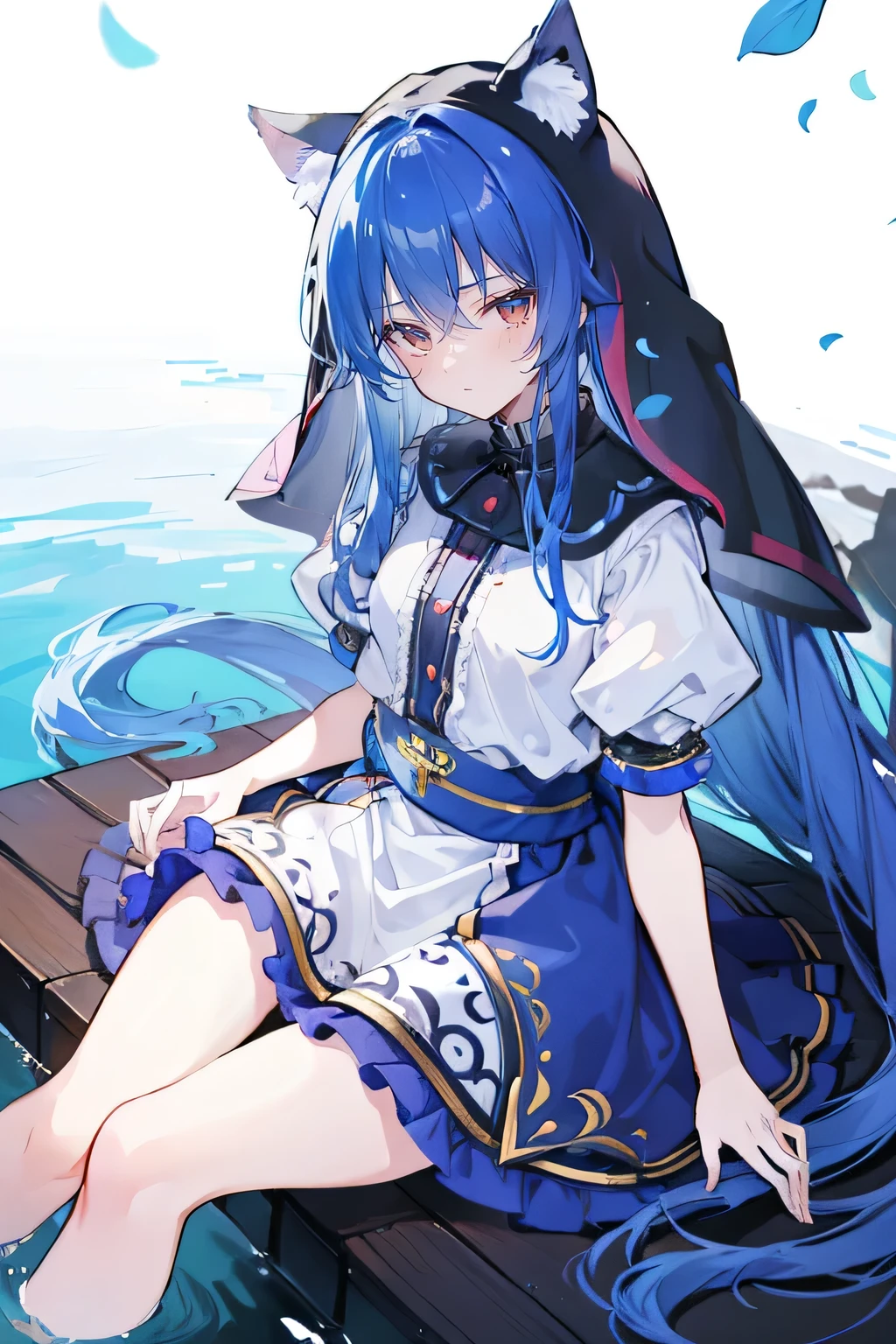 (masterpiece:1.2),Extremely detailed,Practical,expressive eyes,Fair skin,Perfect face shaping,1 Girl,
Japanese cartoons,Gorgeous blue hair, the long flowing blue hair,Floating clothes,Cat ears,Petals fall,beautiful lola,Young Angel,
Place your hands on your waist,sit elegantly on the ground,Cross your legs,Gentle and peaceful background,stately church,nun,lie on the water,Blackening,A look of disdain.