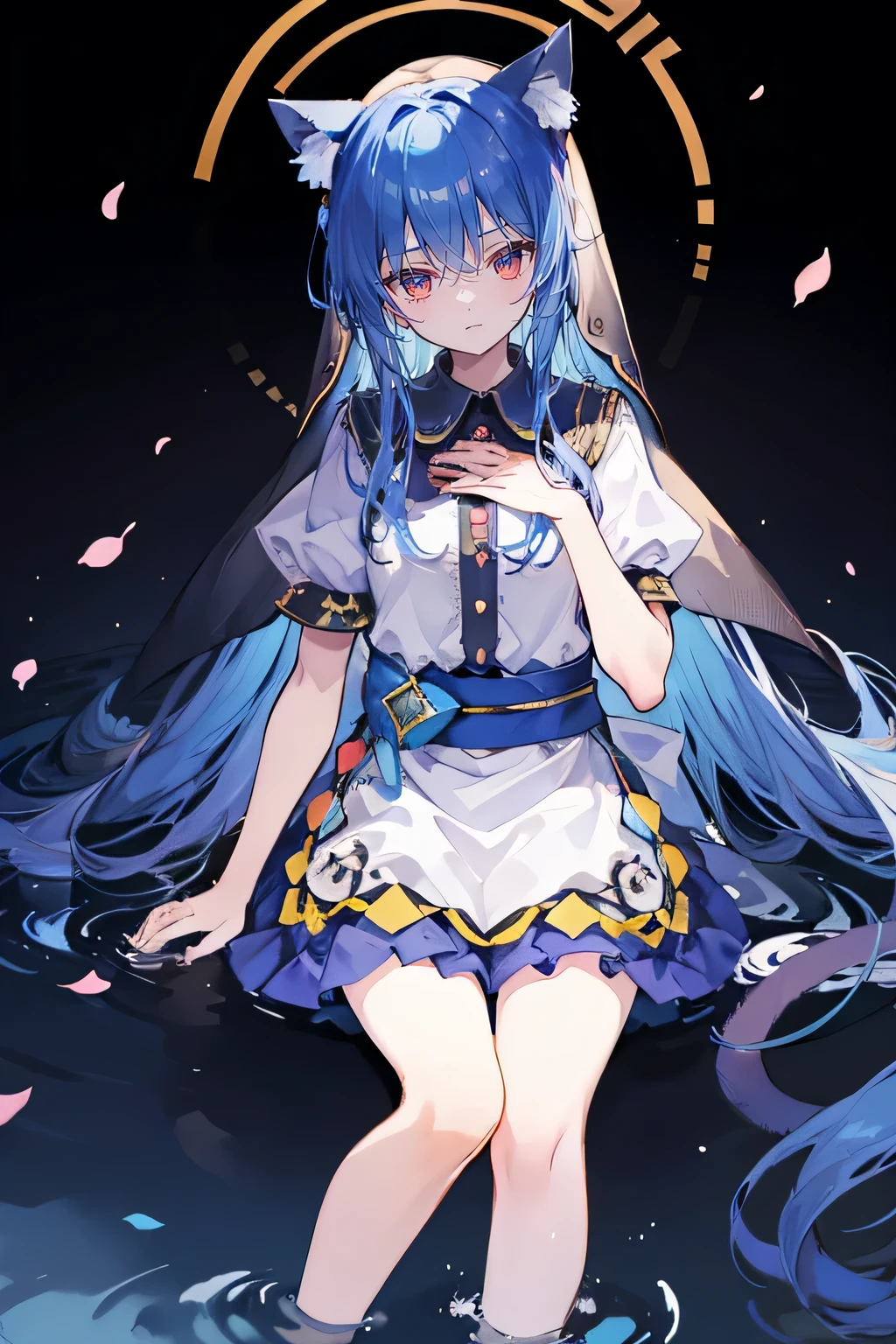 (masterpiece:1.2),Extremely detailed,Practical,expressive eyes,Fair skin,Perfect face shaping,1 Girl,
Japanese cartoons,Gorgeous blue hair, the long flowing blue hair,Floating clothes,Cat ears,Petals fall,beautiful lola,Young Angel,
Place your hands on your waist,sit elegantly on the ground,Cross your legs,Gentle and peaceful background,stately church,nun,lie on the water,Blackening,A look of disdain.