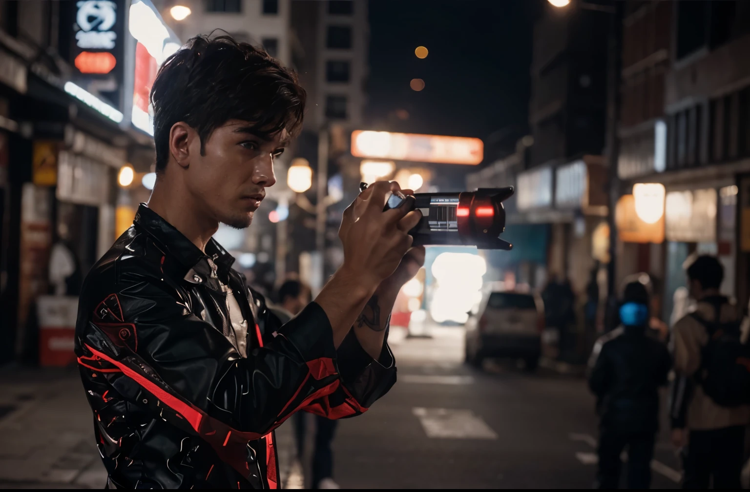 Change background cyberpunk handsome boy, realistic, face, 8k, ultra realistic,