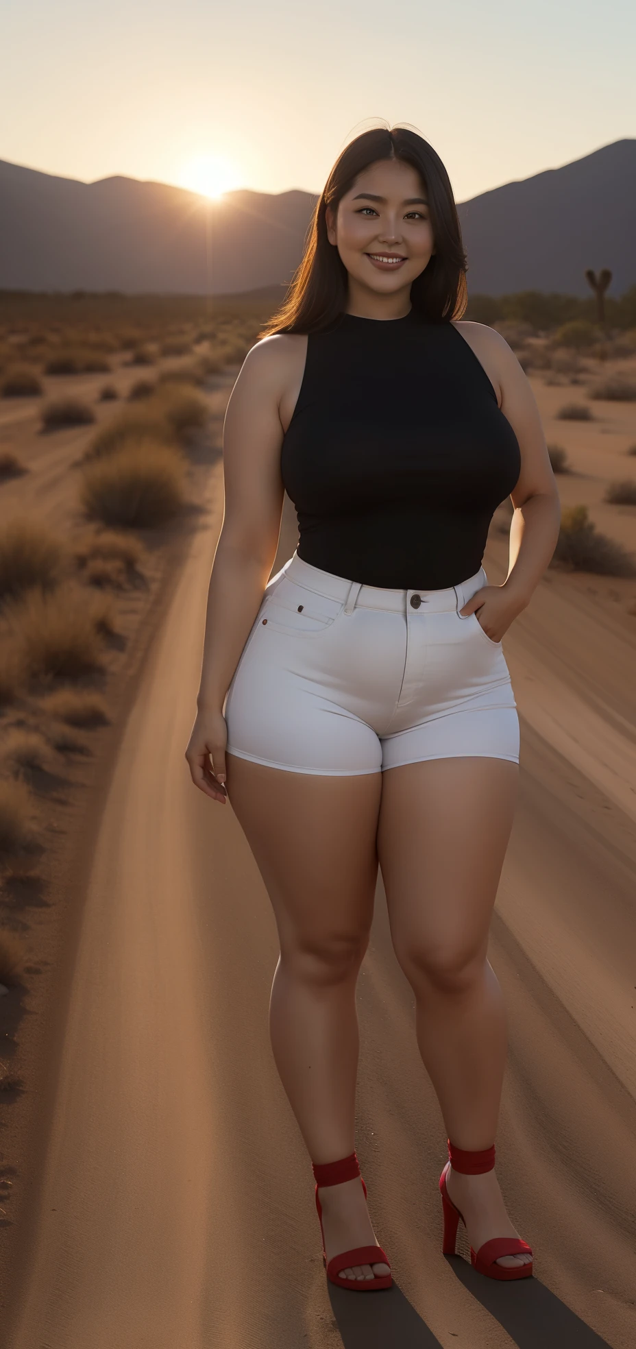 2Fatgirls , fat body , thick body , thick waist and thick hips , , soft curvy body sape , thick hips , widest hips ,smooth whight skin , round face , red lips , smile , long brown stable heir , long lage, red shoes large breasts, large hip, one hand in pocket , jeance pant, Yallow long shorts, full body view long distance camera angle , shiny dress Face around back side , hip on front on camera , background desert , burning fire , back multiple people walking Crowd