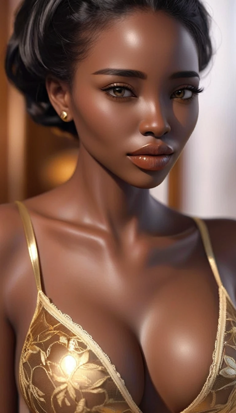 (masterpiece, best quality:1.2),woman, Solitary,Exquisite eyes,Delicate black hair，( Black person:1.2)( dark skin:1.2)，african man,( Smooth skin:1.2)( Wear a sexy golden lingerie:1.2)， Perfect body proportions