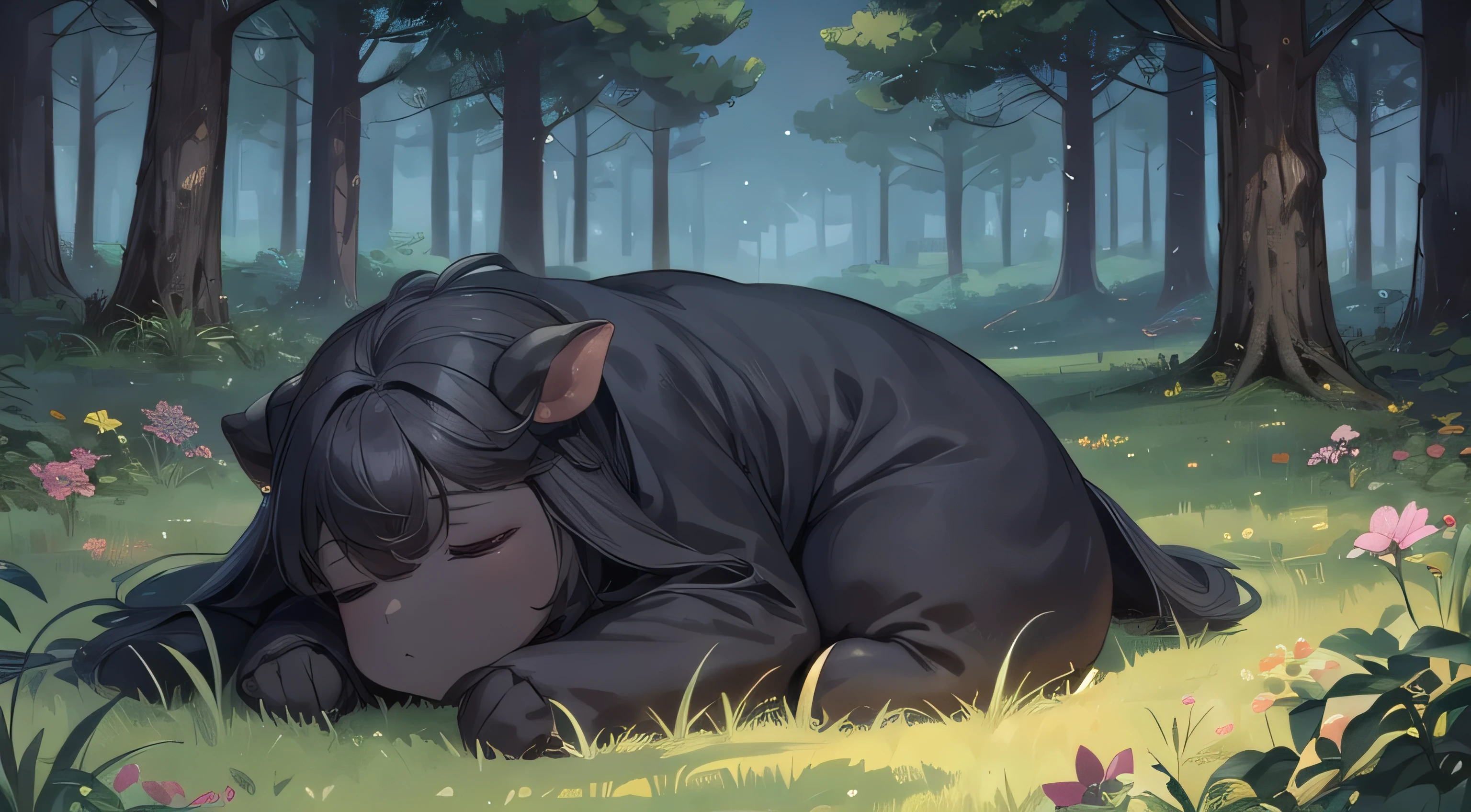 Black sheep sleeping in the forest at night
