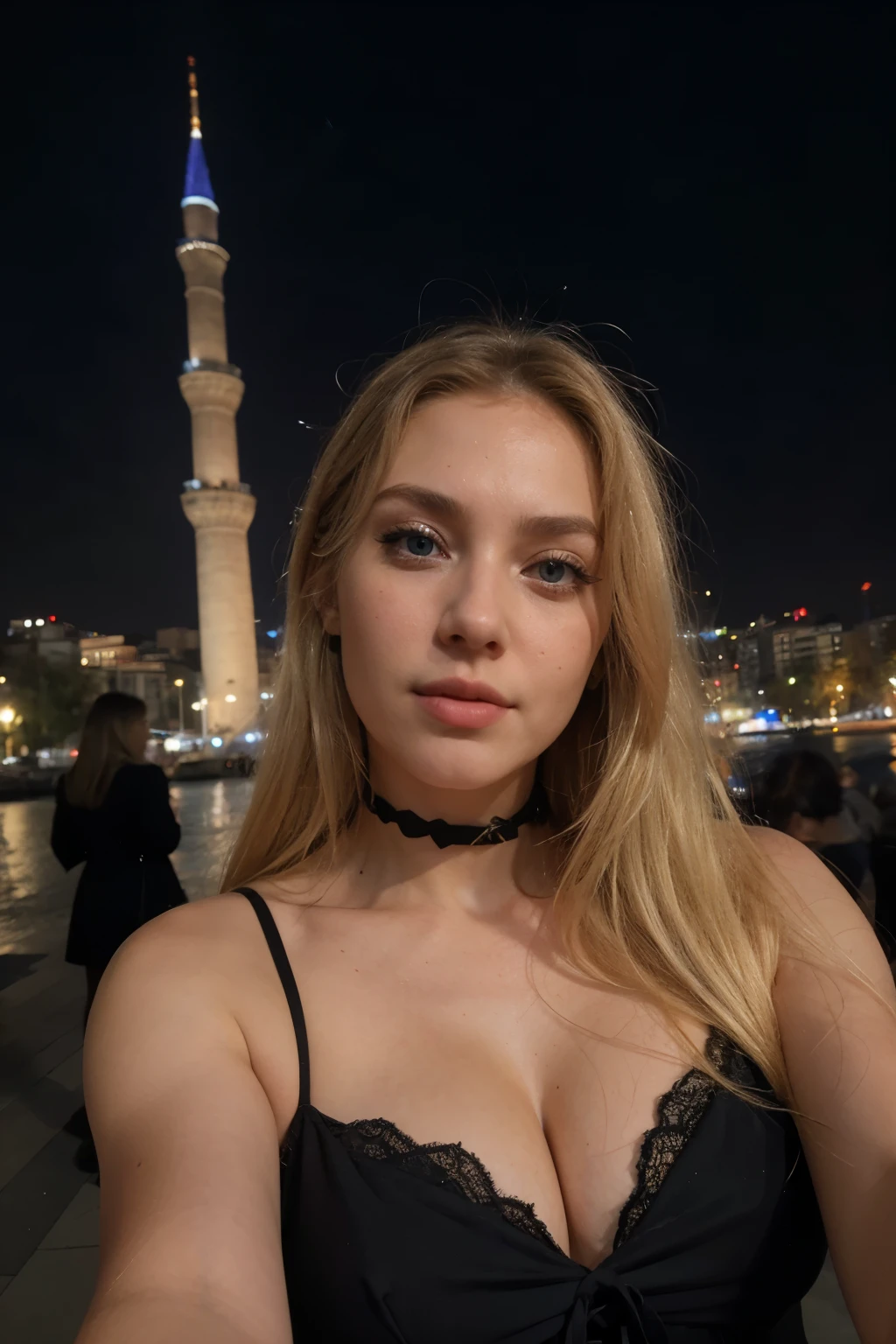 a blonde woman, ((selfie)), blue eyes, looking up, face extra large zoom in, taksim istanbul in the background, (black dress)