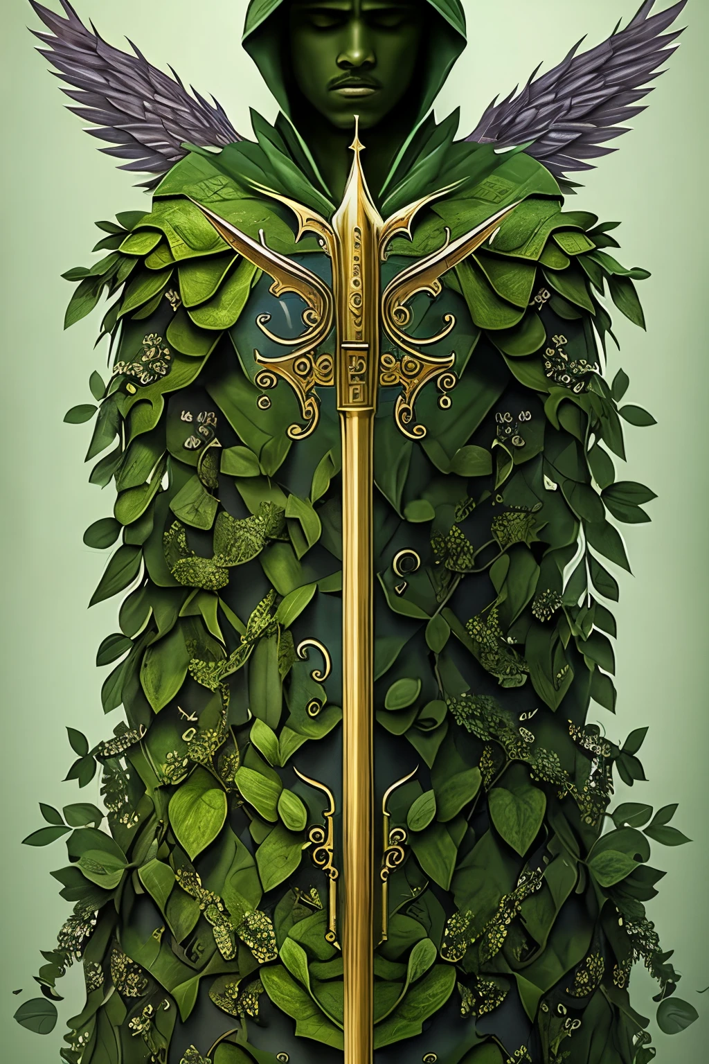 ultra-detailed masterpiece that shows the angel of protection, organic green armor, made with leaves, vines, mint leaves, sage leaves, big mysterious hood, holding sword in the hands, More Detail, 4k, fr4ctal4rmor, best resolution, hyper-realistic, close-up image, best quality image, botanic vintage illustration style ,ABMavatar