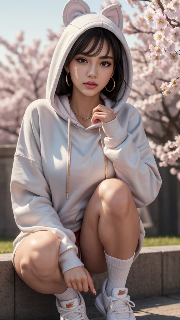 (8k, best quality, masterpiece, ultra highres:1.2), 1 girl, (red oversized hoodie), (oversized_hoodie:1.1), hotsquat, beautiful 22 year old woman named Yuri posing for full body photoshoot, grey thigh high socks, white nike kick shoes, grey hair, Smooth Lob, smokey eyeliner, cream lipstick, lip balm, medallion earrings, gold necklace, cherry blossoms, evening, intricately detailed face and eyes, cute face, blush, glistening sweaty skin, dynamic pose, masterpiece, best quality, official art, extremely detailed CG unity 8k wallpaper, ultra high res, professional photography, sharp focus, HDR, 8K resolution, intricate detail, sophisticated detail, depth of field, analogue RAW DSLR, photorealistic