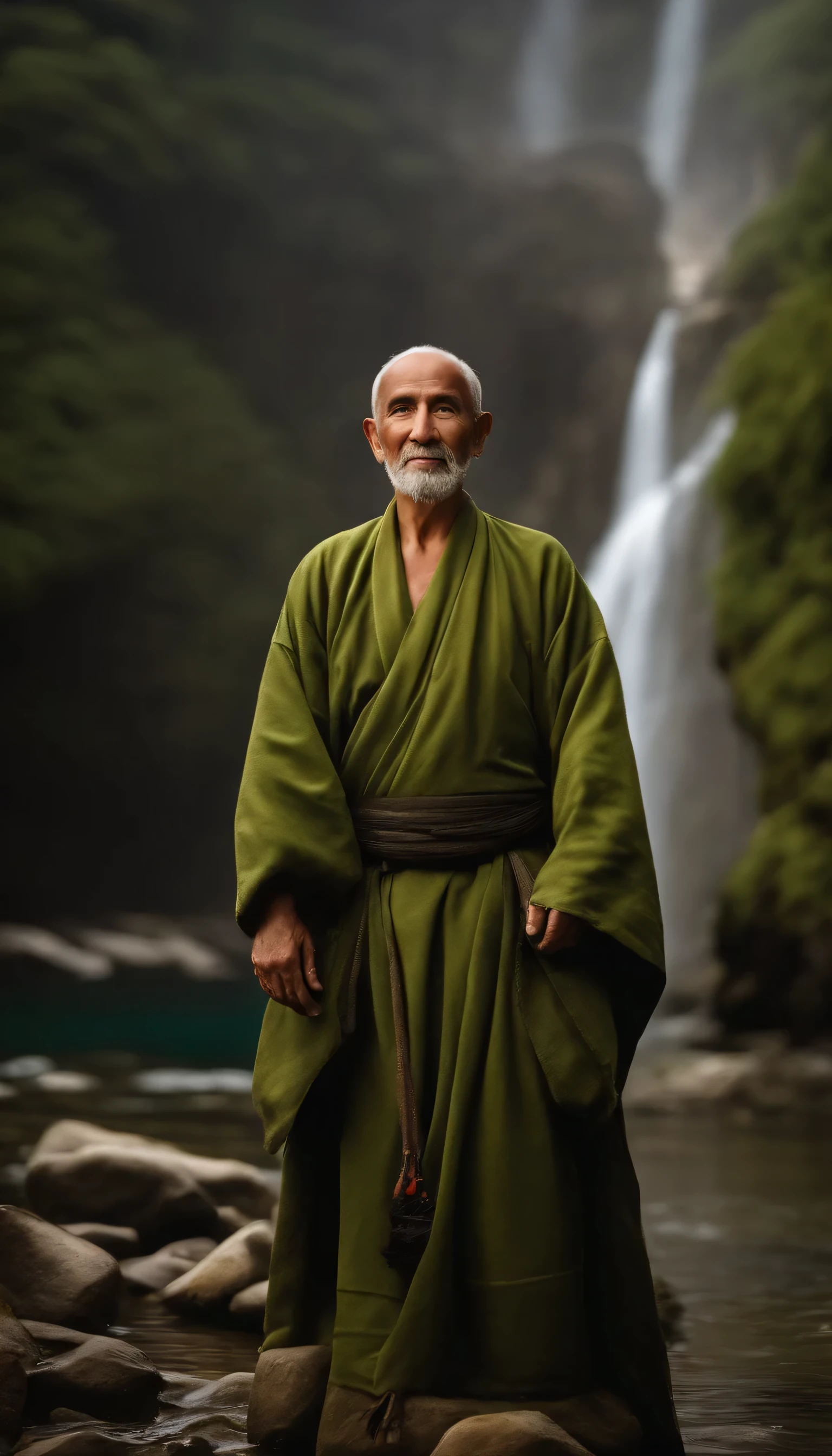 Imagina al viejo monje zen, Un monje de alto rango, gray robe, ojos grandes, Smile and meditate, Face the camera, Foto de cuerpo entero, foto frontal, El fondo es agua alpina que fluye, Viento chino, El detalle, cinematiclight, Alta calidad --ar 3:4[Fotos], 。...3D, surrealismo, cinematic lighting, hiper HD, Super detail, piel texturizada, hiper HD, ccurar, piel texturizada, Detalles altos