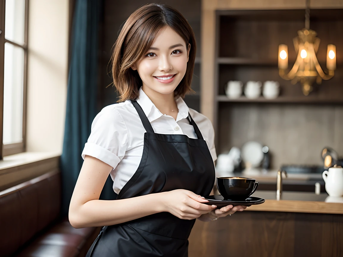 (highest quality、Tabletop、8k、Best image quality、Award-winning works)、Woman working in a café、(Elegant dark brown apron:1.2)、(Standing elegantly in a cafe:1.1)、Classy shirt、(Big Breasts:1.1)、(Accentuate your body lines:1.1)、Beautiful woman portrait、The most elegant and cozy cafe、The most natural cafe, Perfectly organized、(The most atmospheric and warm lighting:1.1)、(The most romantic atmosphere:1.1)、Stylish and elegant cafe、Strongly blurred background、Look at me and smile、(Accurate anatomy:1.2)、Ultra high resolution perfect beautiful teeth、Ultra-high definition beauty face、Ultra HD Hair、Ultra HD The Shining Eyes、The Shining, Super high quality beautiful skin、Super high quality glossy lip、Short Bob Hair