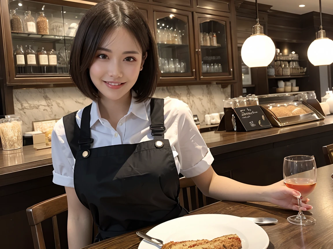 (highest quality、Tabletop、8k、Best image quality、Award-winning works)、Woman working in a café、(Elegant dark brown apron:1.2)、(Standing elegantly in a cafe:1.1)、Classy shirt、(Big Breasts:1.1)、(Accentuate your body lines:1.1)、Beautiful woman portrait、The most elegant and cozy cafe、The most natural cafe, Perfectly organized、(The most atmospheric and warm lighting:1.1)、(The most romantic atmosphere:1.1)、Stylish and elegant cafe、Strongly blurred background、Look at me and smile、(Accurate anatomy:1.2)、Ultra high resolution perfect beautiful teeth、Ultra-high definition beauty face、Ultra HD Hair、Ultra HD The Shining Eyes、The Shining, Super high quality beautiful skin、Super high quality glossy lip、Short Bob Hair
