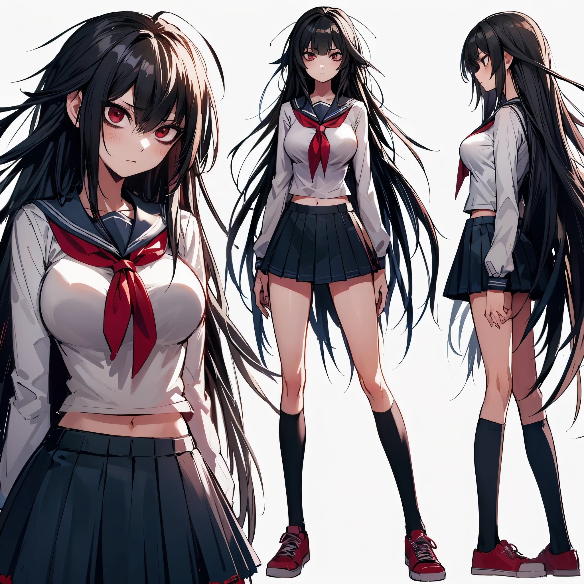 (masterpiece, Best Quality), (detailed hairs), Ultra-detailed, Anime style, Full body, Solo, Tall high school girl, hunched posture, in simple school outfit, long shaggy black hair, Muscular but feminine body shape, Eyes blazing with hellfire, wearing red shoes, standing in wasted school, 8k high resolution, white background, whole body, ((blue archive)) ((KENZAKI Tsurugi))