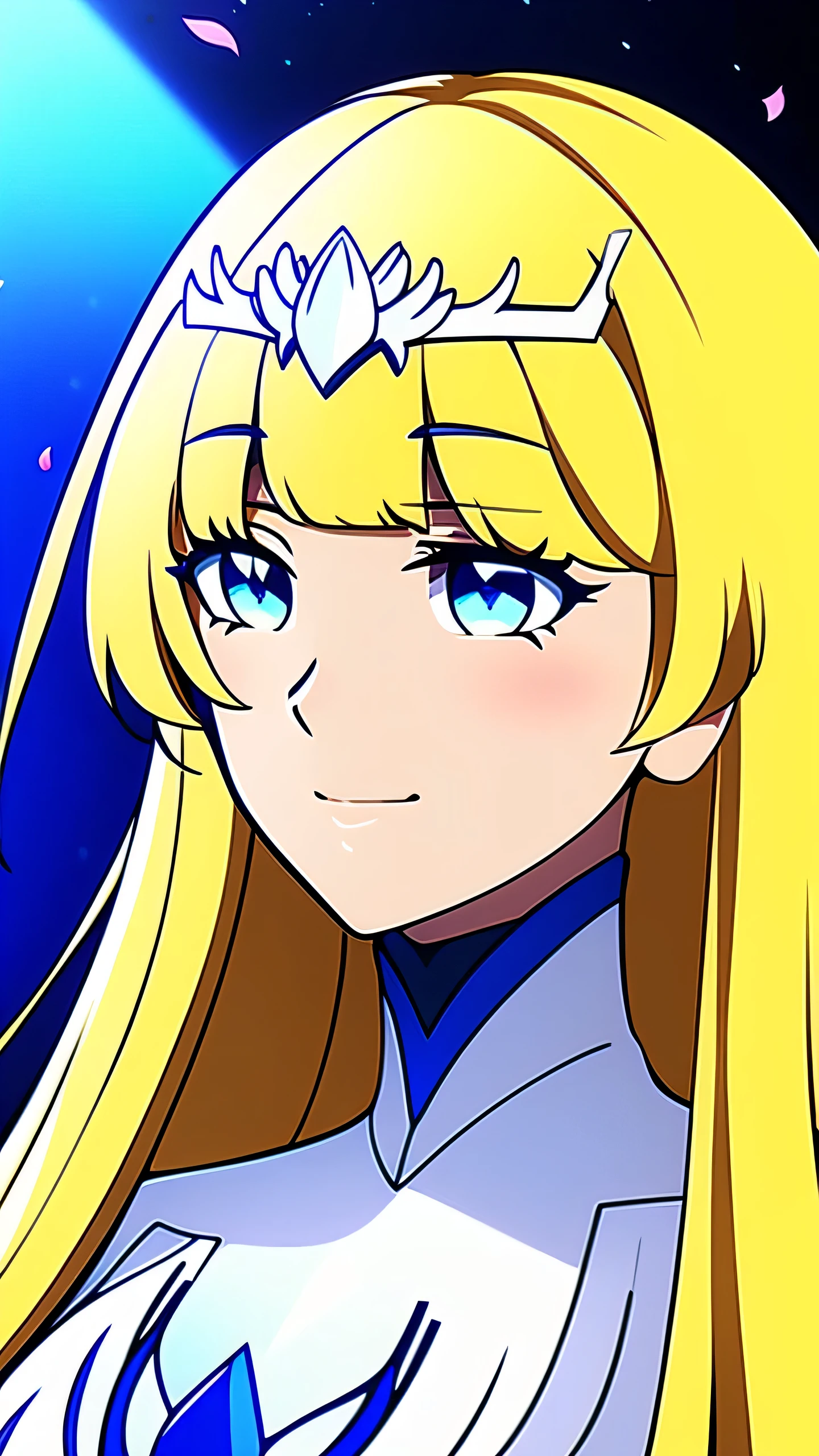 (high-quality, breathtaking),(expressive eyes, perfect face) portrait, 1girl, female, solo, , looking at viewer, portrait, half body, happy expression, elegant, mature, height 4"3, flower petals, Firefly, iridescent hair, Calca, Calca Bessarez, blonde hair, (extremely long hair:1.3), very long hair, white tiara, white dress, blue eyes, medium chest