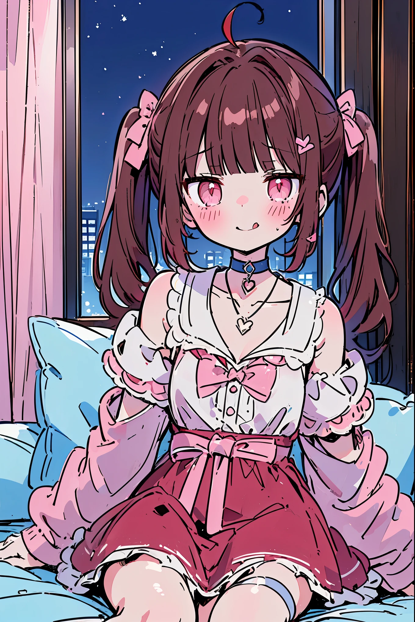 {{{{masterpiece}}}}, {{{Super detailed}}}, {{{high resolution}}},{{high resolution:1.3}}, {{good anatomy}}, (((best quality))), ((on the bed,indoor,blue theme,anime style,anime girl)),(((pink eyes,brown hair))),(big perfect eyes),((yandere,dark eyelash)),(((coat skirt,collarbone,red dress, jewelry, choker,necklace,dark atmosphere,night time))), hairclip, {8k cg wallpaper}, {{illustration,zoom in,focus on face,close-up shot, looking out a window}},((twintails|ahoge|floating hair|blunt bangs|short hair|curly))smile,(1girl:1), bride,solo,alone,(Color difference:1.2),(yandere smile,evil smile with Tongue,Dark circles),blushing,neat face,(medium breasts),((The details are complex、Shallow depth of field、weak lighting、a Canon EOS R5、50mm lens、f / 2.8、shot at 8k resolution))