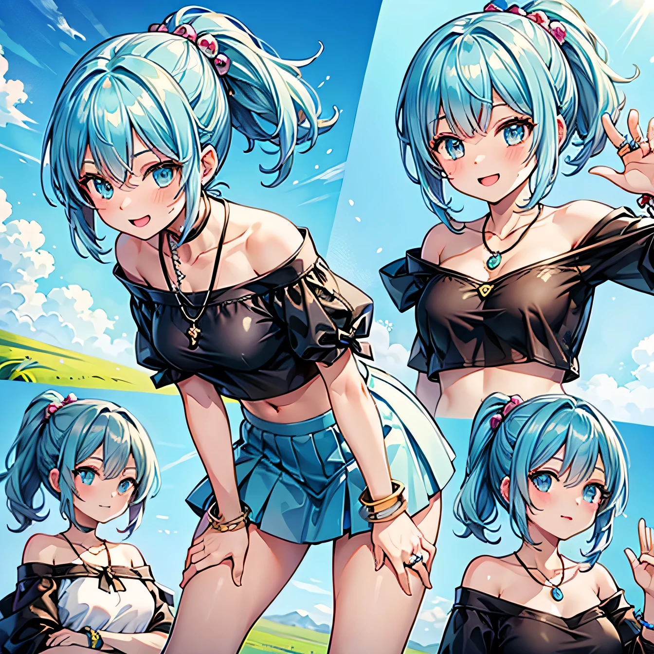 Anime Moe Art Style,highest quality,High resolution,Anatomically correct,One Girl,Mid-teens,A girl with light blue hair in a ponytail,Super detailed,Fantasy World,Off-the-shoulder tops,mini skirt,Big Breasts,A rich expression,smile,somersault,Acrobatics,Dynamic movement,Daytime Plains,Eyes drawn in detail,hair ornaments,necklace,bracelet,ring,8K