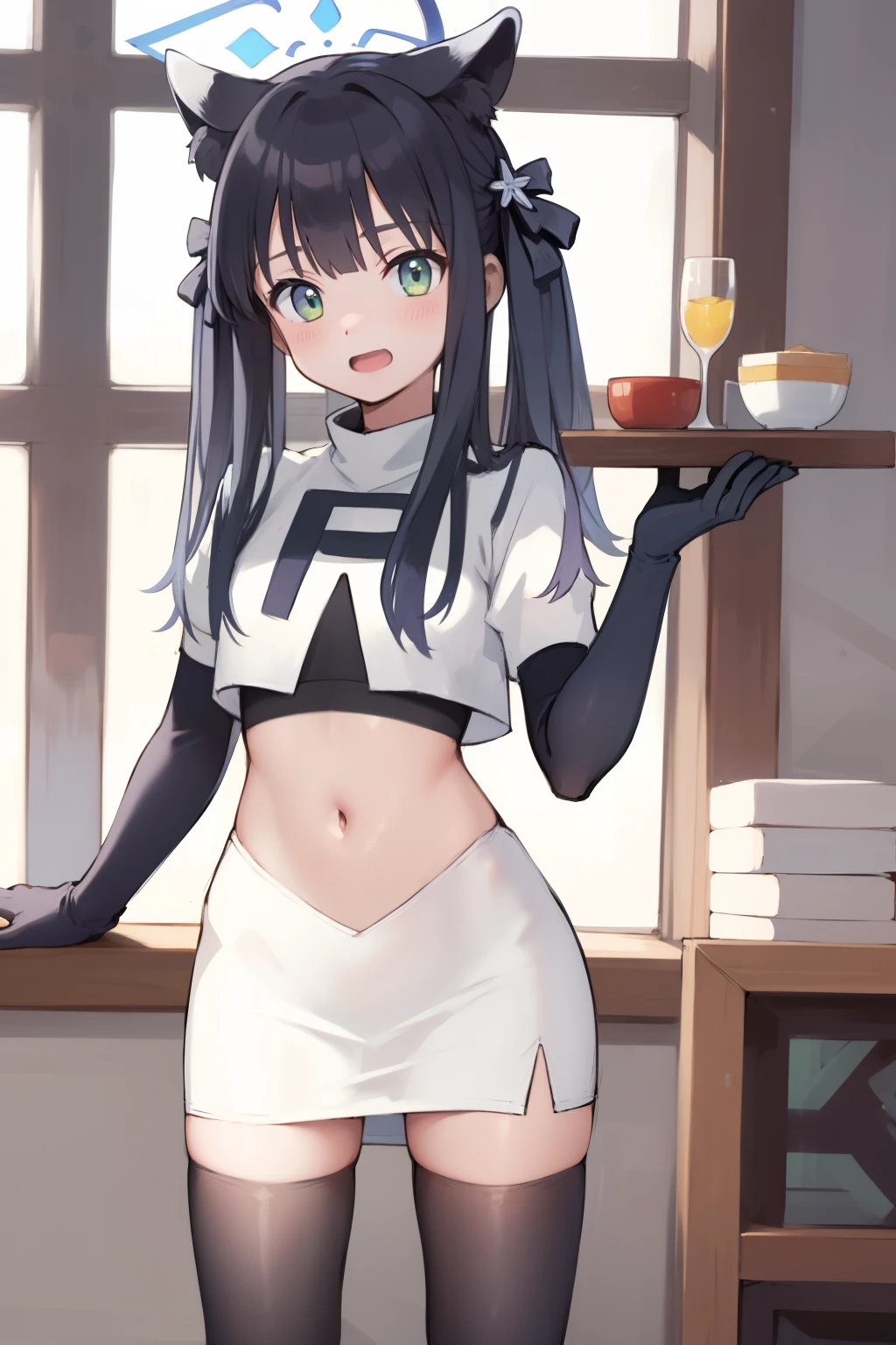 masterpiece,shundef, team rocket,team rocket uniform,white skirt,red letter R,crop top,black thigh-highs,black elbow gloves