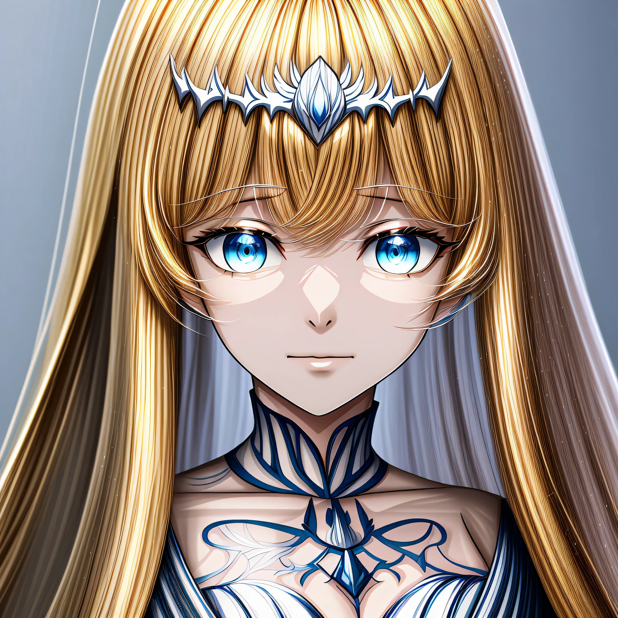 , portrait, Detailed Digital Anime Art, Trends on artstation pixiv, 8K high quality detailed artwork., Detailed anime character art, Detailed anime art, Anime Style 4K, 1girl, solo, Calca, Calca Bessarez, blonde hair, (extremely long hair:1.3), very long hair, white tiara, white dress, blue eyes, medium chest