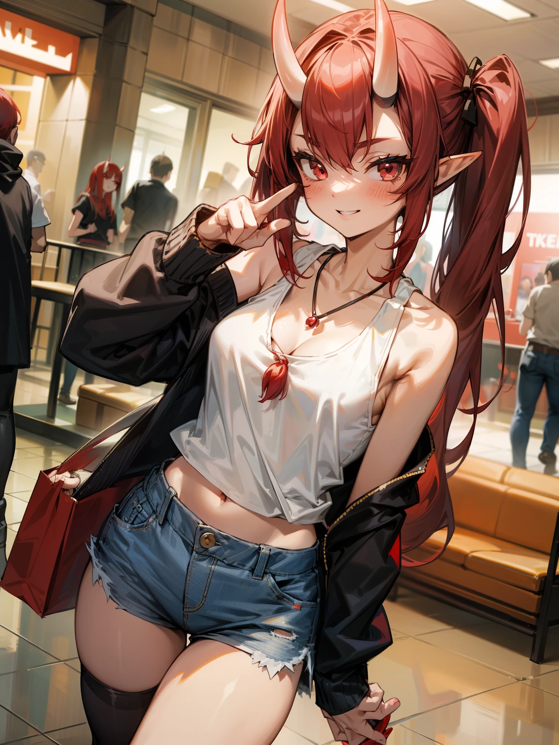 Masterpiece, 1oni woman,mature female,solo,meduum breasts,red hair,long twintail hair,elves ears, oni horns,red eyes, soft skin, blushed, Casual photo in the mall, ((smile)),cropped white tank top, ((tank top at the height of the abdomen)), bare shoulders, ((mini short)), blue jean shorts, long black stockings, (ruby necklace), pointing at a product, shopping at the mall