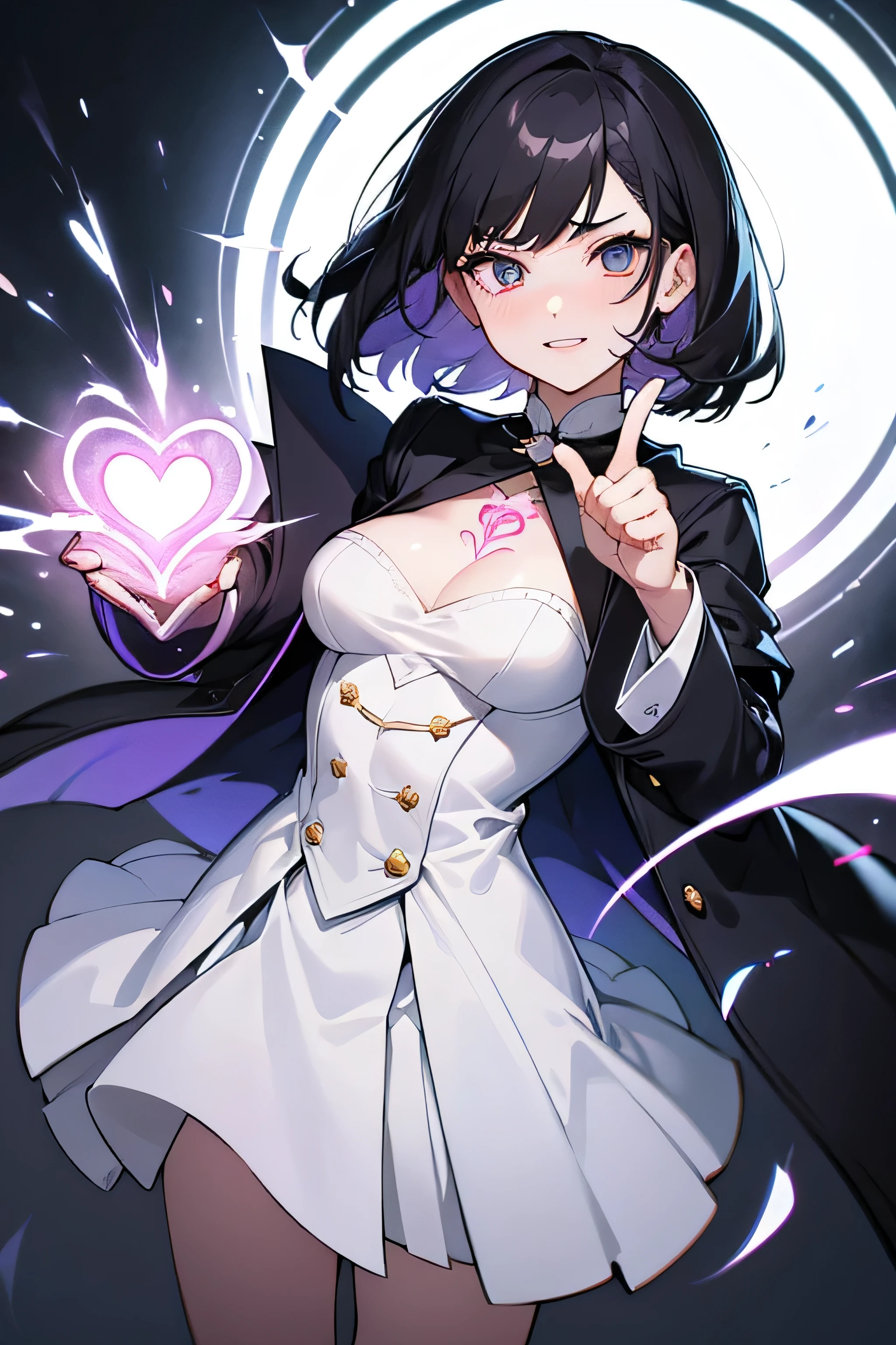 1 adult woman, (Ecstatic face), teasing to viewers, wearing smart coat, white magic circle in the background, glaring to viewer, soft clothes, cleavage, Sigh, heart mark, (masterpiece), ultra detailed, vividly depicted painting, aura, precise background, (geometry tattoo), (cinematic), elaborate, (gritty), point to viewers, (small magic that shine at fingertips), teeth, dynamic posing for photo, dark color hair, short hair,