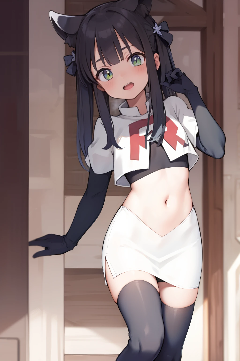 masterpiece,shundef, team rocket,team rocket uniform,white skirt,red letter R,crop top,black thigh-highs,black elbow gloves