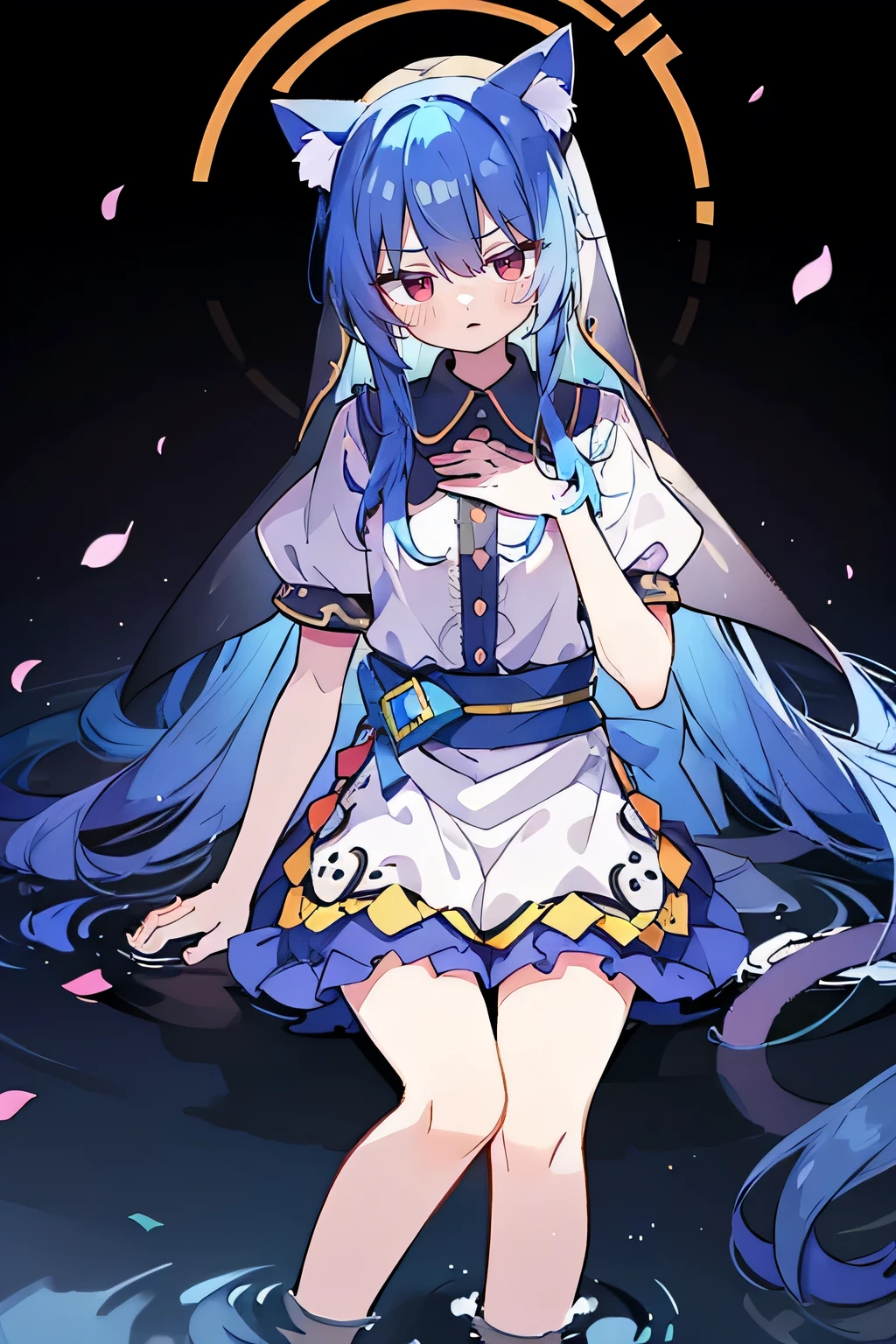 (masterpiece:1.2),Extremely detailed,Practical,expressive eyes,Fair skin,Perfect face shaping,1 Girl,
Japanese cartoons,Gorgeous blue hair, the long flowing blue hair,Floating clothes,Cat ears,Petals fall,beautiful lola,Young Angel,
Place your hands on your waist,sit elegantly on the ground,Cross your legs,Gentle and peaceful background,stately church,nun,lie on the water,Blackening,A look of disdain.