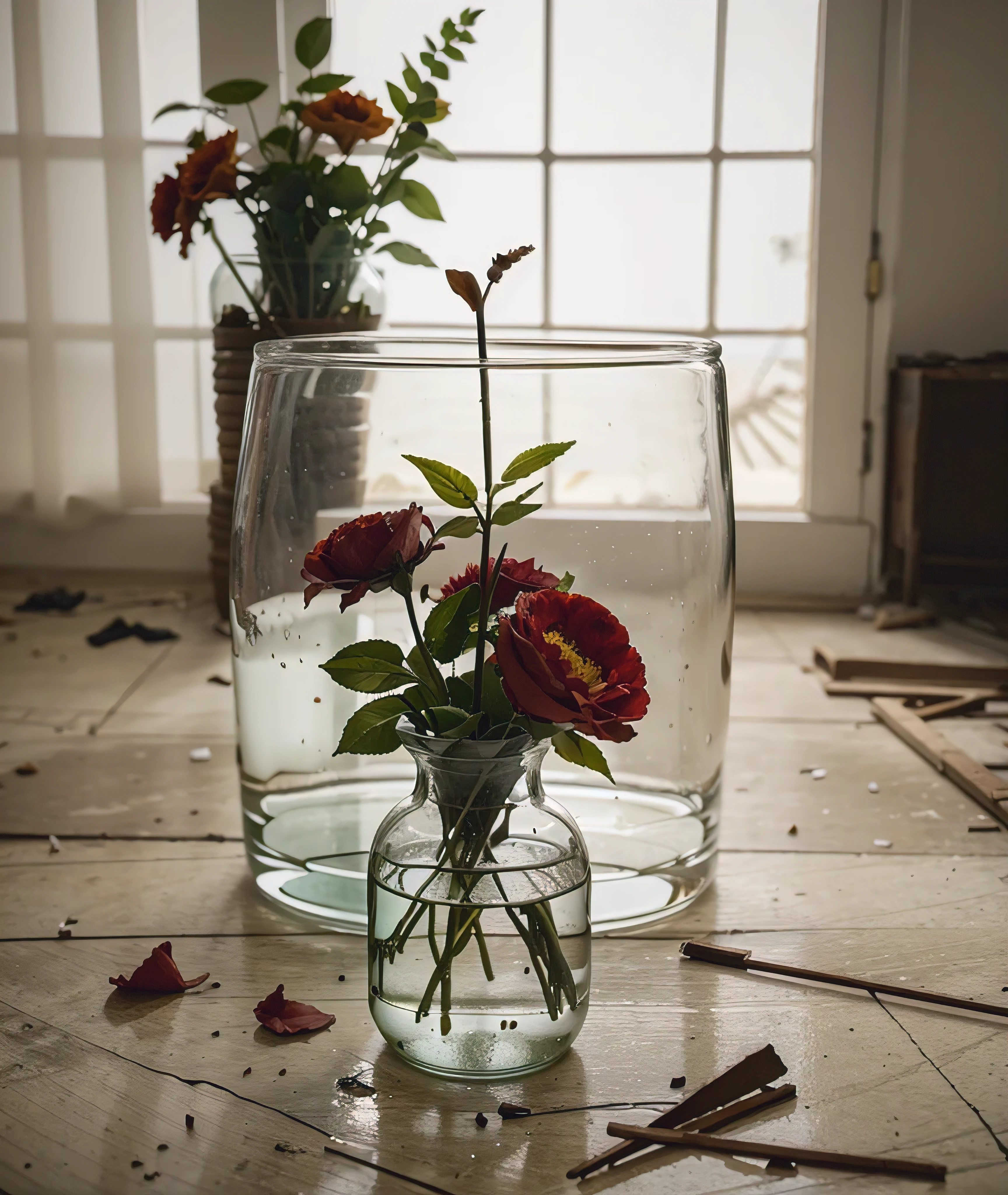A wilted flower in a broken glass vase