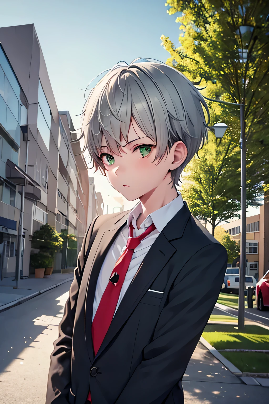 A cute schoolboy troublemaker, grey-haired man with short boyish hair, green eyes with a red glint at the bottom. school in background. muted pastel colors. mainly green color theme with splashes of red. school boy uniform. cute and boyish. don’t forget the pastel color. the uniform is a white dress shirt with a red tie.