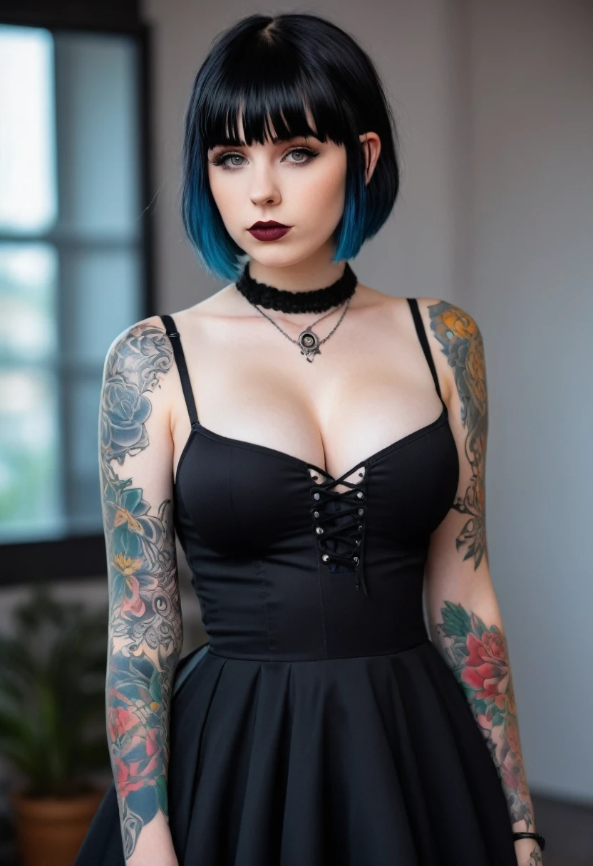 (Hotlexi woman), (best high quality:1.5), ((8k)), extremely detailed, (High details:1.4), Solo, 18 year old goth female, (She has several tattoos, short hair and bangs, sexy black dress), ((huge breasts with silicone:1.4)),