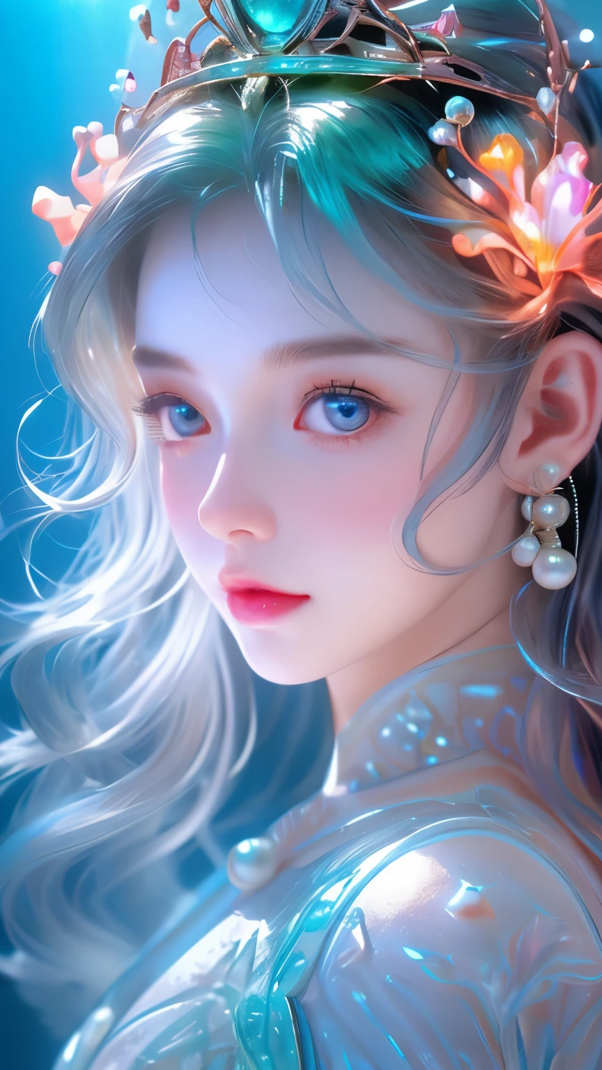 (1girl, mermaid, princess, beautiful detailed eyes, beautiful detailed lips, extremely detailed face, long eyelashes, wavy hair, crown, pearls, seashells, underwater, ocean, coral reef, bioluminescent light, cinematic lighting, dramatic lighting, vibrant colors, fantasy),full-body shot,In the water, fantastic colors, close up, light refracted into water, reflective transparent iridescent colors,soft lighting/ soft light, high detail, ultra high definition