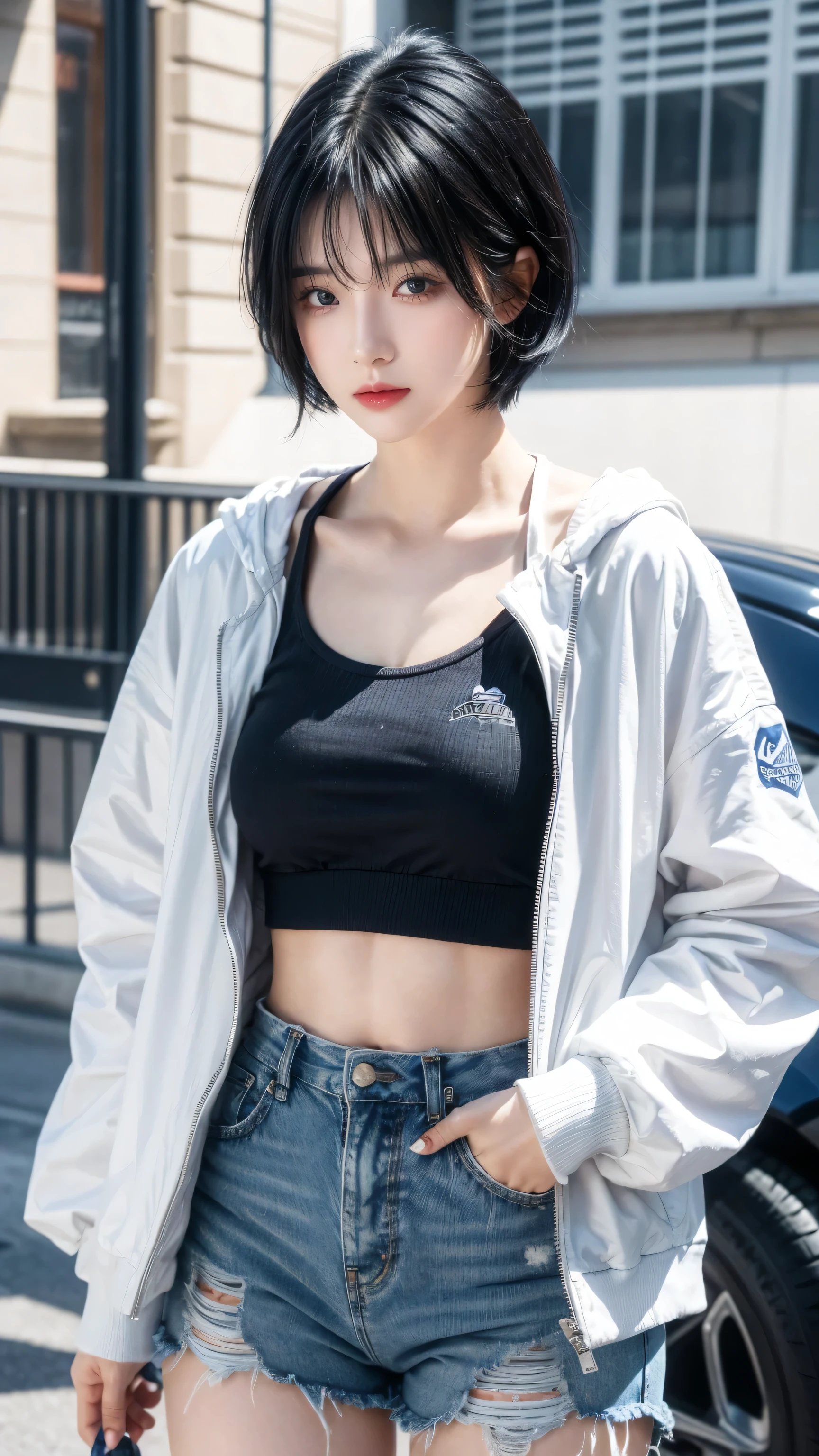 best quality, 1 Girl, dark blue hair, black eyes, Very short hair, Spiky hair, t-shirt, white jacket , High waist short jeans, 171 cm, Messy hair, Hair between the eyes, Medium breasts, full, Tomboy, aldult, 20 years old, 1 Girl skateboard athlete