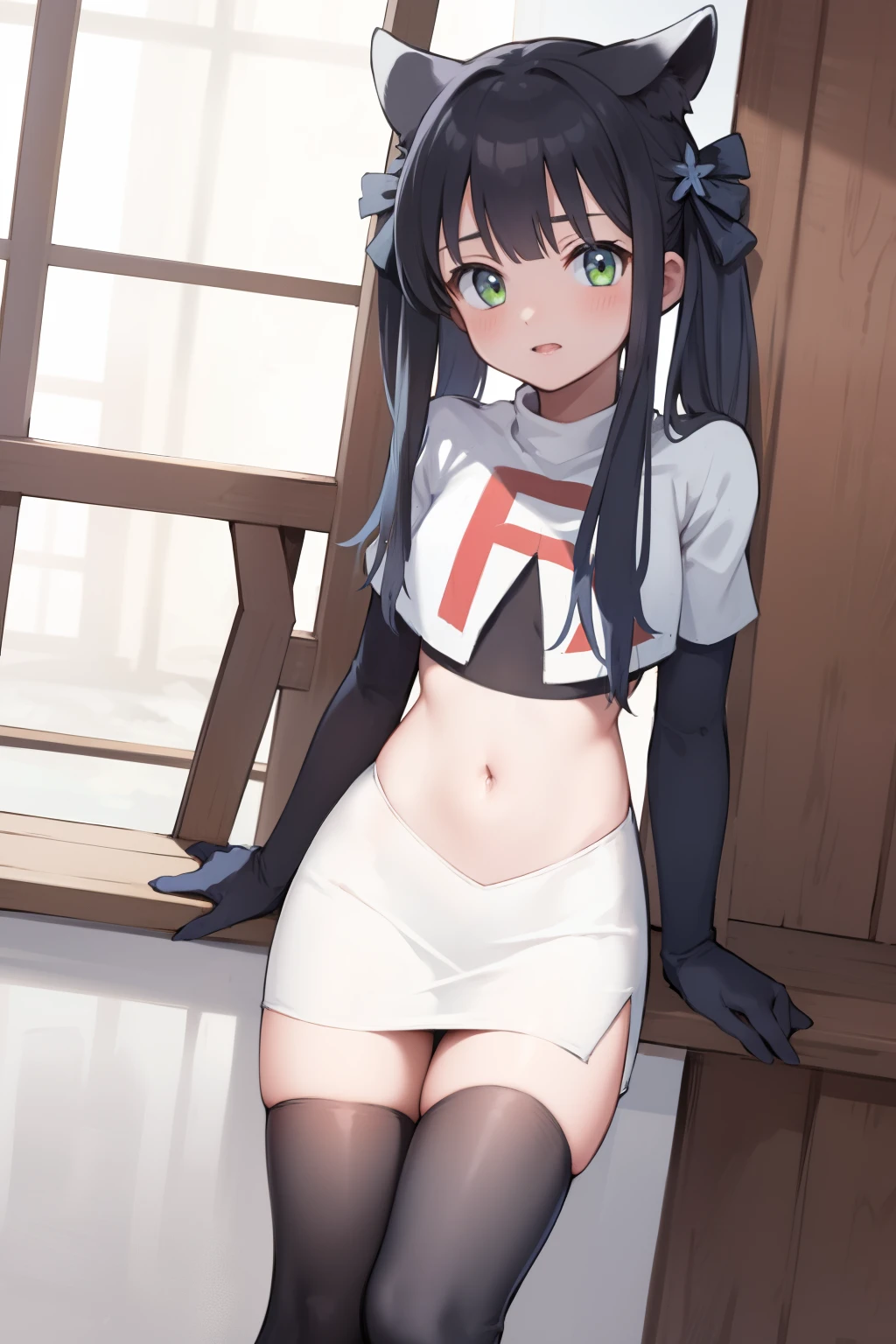 masterpiece,shundef, team rocket,team rocket uniform,white skirt,red letter R,crop top,black thigh-highs,black elbow gloves
