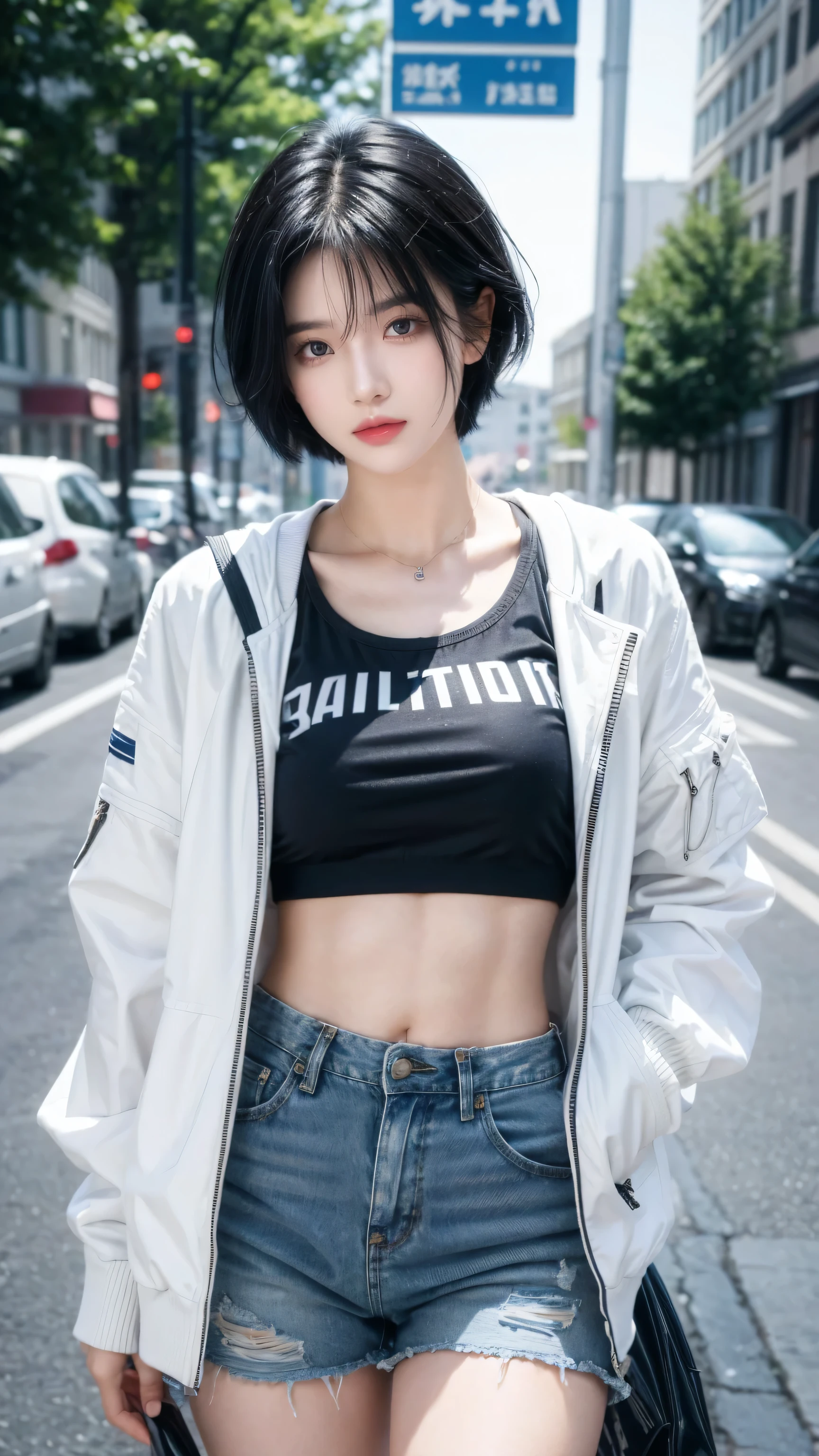 best quality, 1 Girl, dark blue hair, black eyes, Very short hair, Spiky hair, t-shirt, white jacket , High waist short jeans, 171 cm, Messy hair, Hair between the eyes, Medium breasts, full, Tomboy, aldult, 20 years old, 1 Girl skateboard athlete
