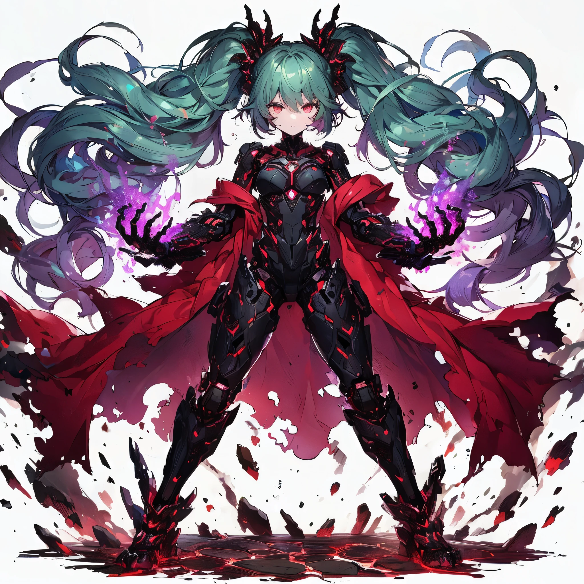 (Masterpiece, Top Quality), (Fine Hair), Ultra-Detailed, Anime Style, Solo, Full Length, Concept Art, transforming Girl, (transform belt, mech armored) burned black mechanical limb, ((fists of black-purple flame)), Sea green two topknot hairstyle with red eyes, wearing raged red robe, and Body-Fitting Thin High-Tech Suit, thighs boots, White background, standing full length, (heroic posing), standing on burned earth,