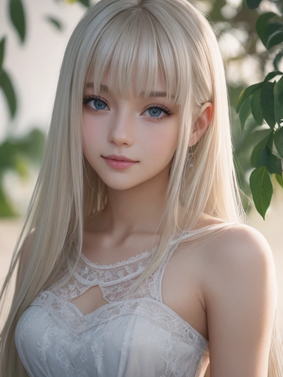 A light smile、night、RAW Photos、(((Portrait of extreme beauty)))、((Glowing Skin))、1 girl、Beautiful 16 year old girl from Prague、Bright expression、((Platinum Blonde Hair))、[Big blue eyes that sparkle like jewels]、Glowing Skin、Silky long straight hair、eyeliner、Beautiful Bangs、Hair around the eyes、最high quality、Very detailed、Film Light、Intricate details、High resolution、Very detailed))、Detailed Background、8KUHD、Digital single-lens reflex camera、Soft Light、high quality、Film Grain、Fujifilm XT3 、Shallow depth of field、natural Soft Light、（I&#39;No choice）、Kamimei、Bust of a Rich Man